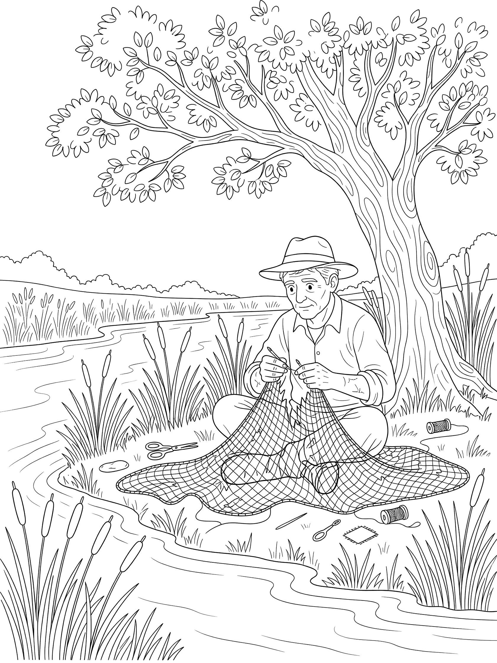 Black and white line art of a fisherman mending a torn net on a grassy riverbank with reeds, tree, and scattered tools.