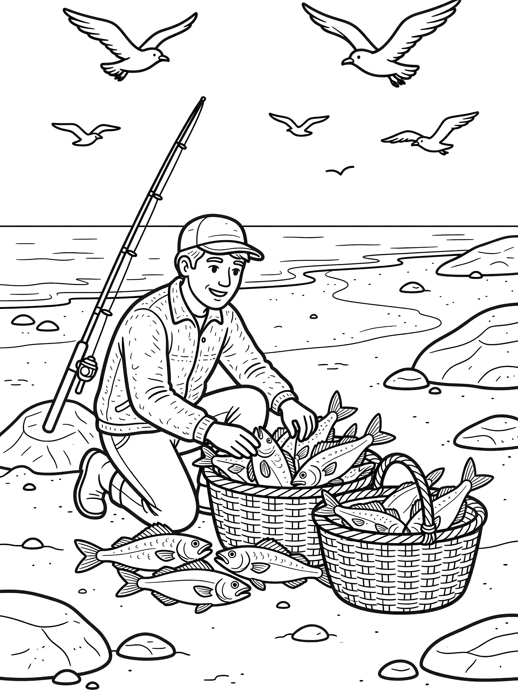 Black and white line art of a fisherman sorting fish into baskets on a beach with seagulls above and fishing rod leaning nearby.