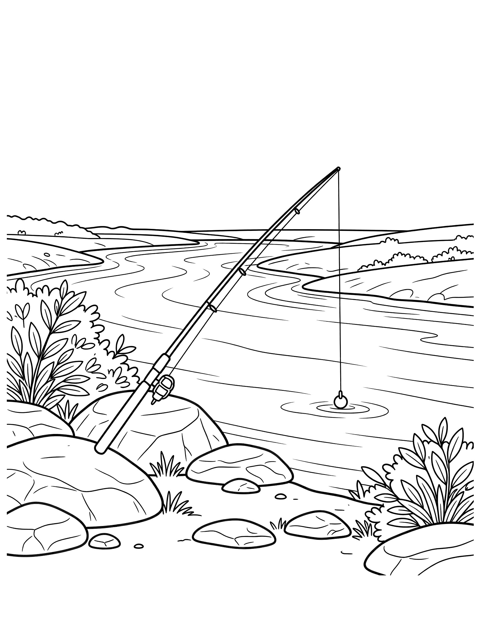 Black and white line art coloring page showing a fishing pole resting on a rocky river bank with bushes, gentle water ripples, and a bobber in the river. Mississippi River themed black and white printable line art