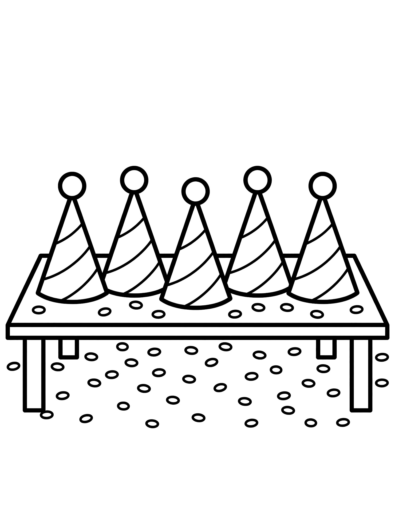 Black and white line art coloring page showing five striped cone party hats with pom-poms on top, arranged in a row on a table, scattered confetti dots underneath.