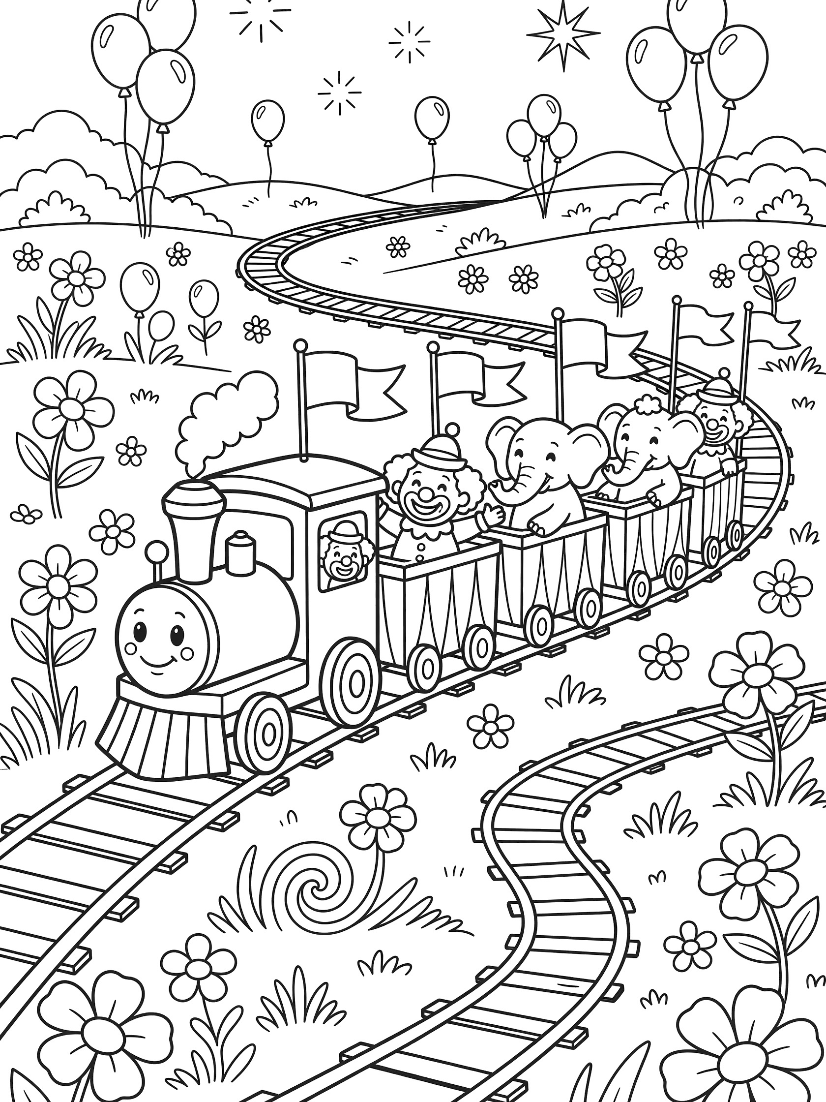 Whimsical line art coloring page of circus trains with a happy engine, clown and elephant passengers waving flags from striped cars, on winding tracks through a meadow with balloons and stars.