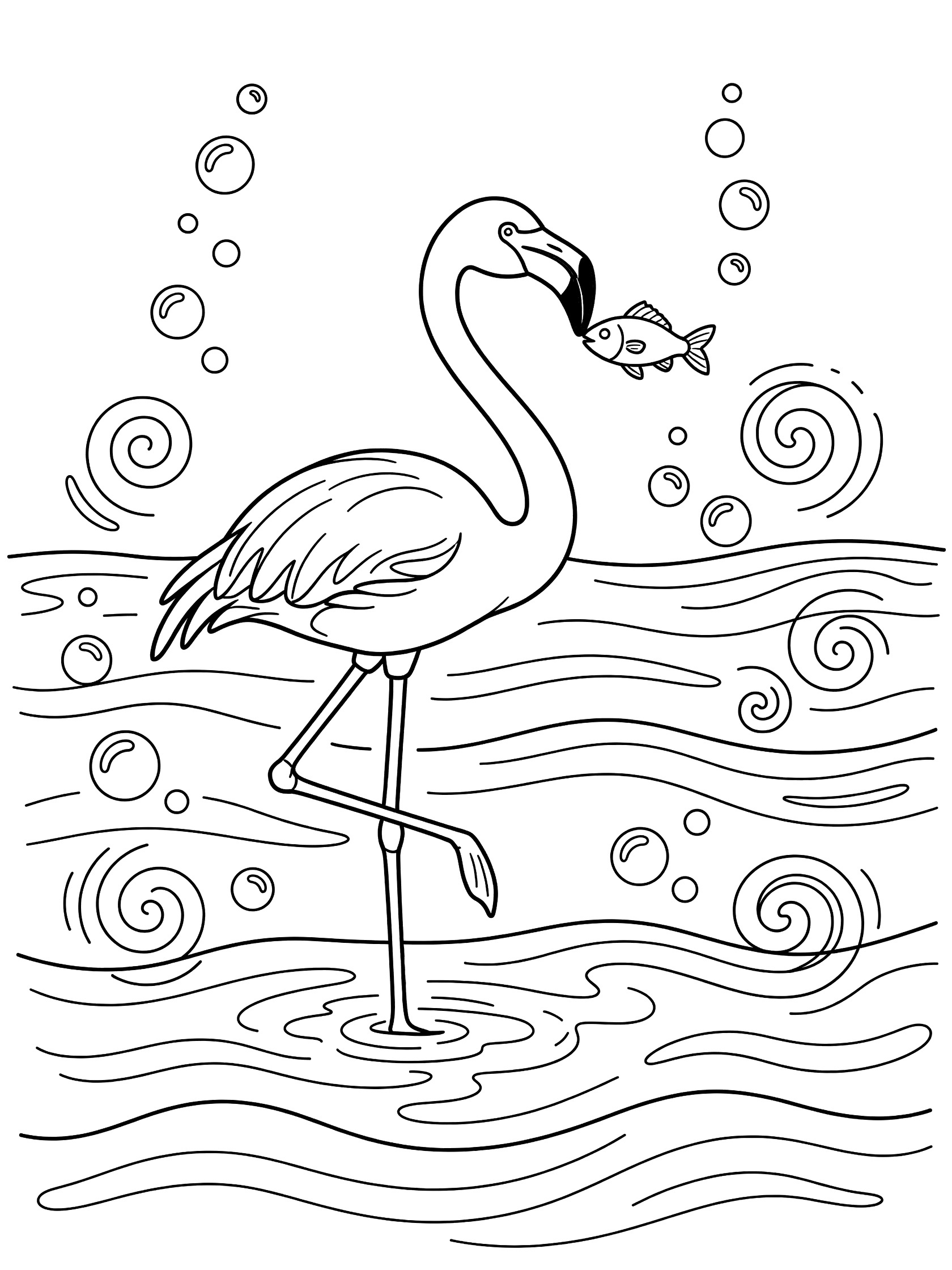 Black and white line art coloring page showing a flamingo standing on one leg in water, balancing a fish on its beak, surrounded by wavy lines, swirls and bubbles.