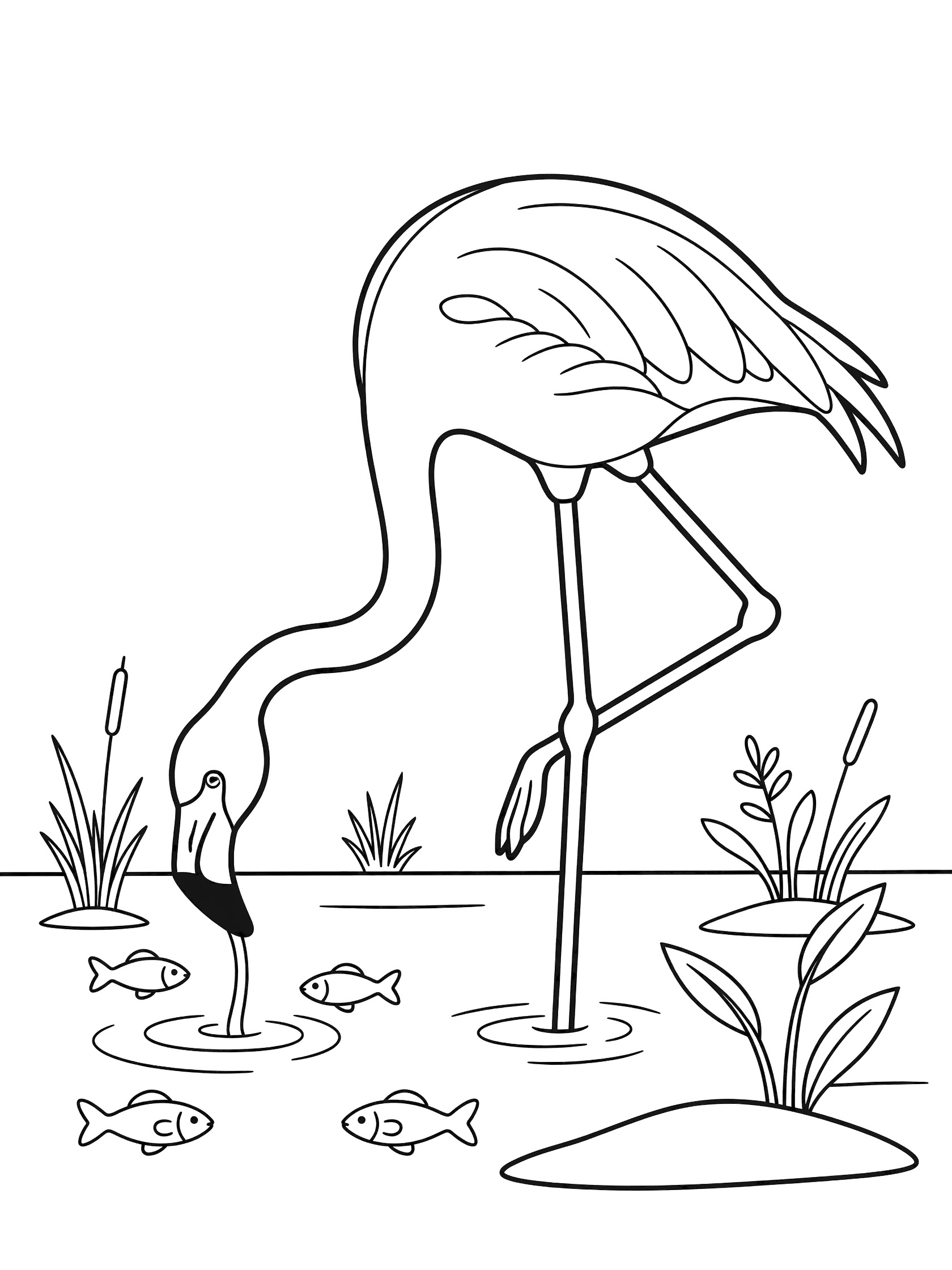 Black and white line drawing of a flamingo standing on one leg in shallow water, bending its long neck to snap up a fish, with more small fish and water plants around.