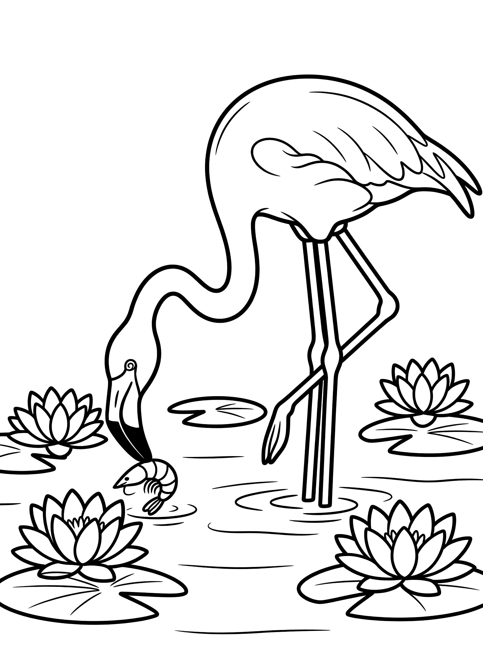 Black and white line art coloring page showing a flamingo with long neck scooping a shrimp from water surrounded by water lilies.