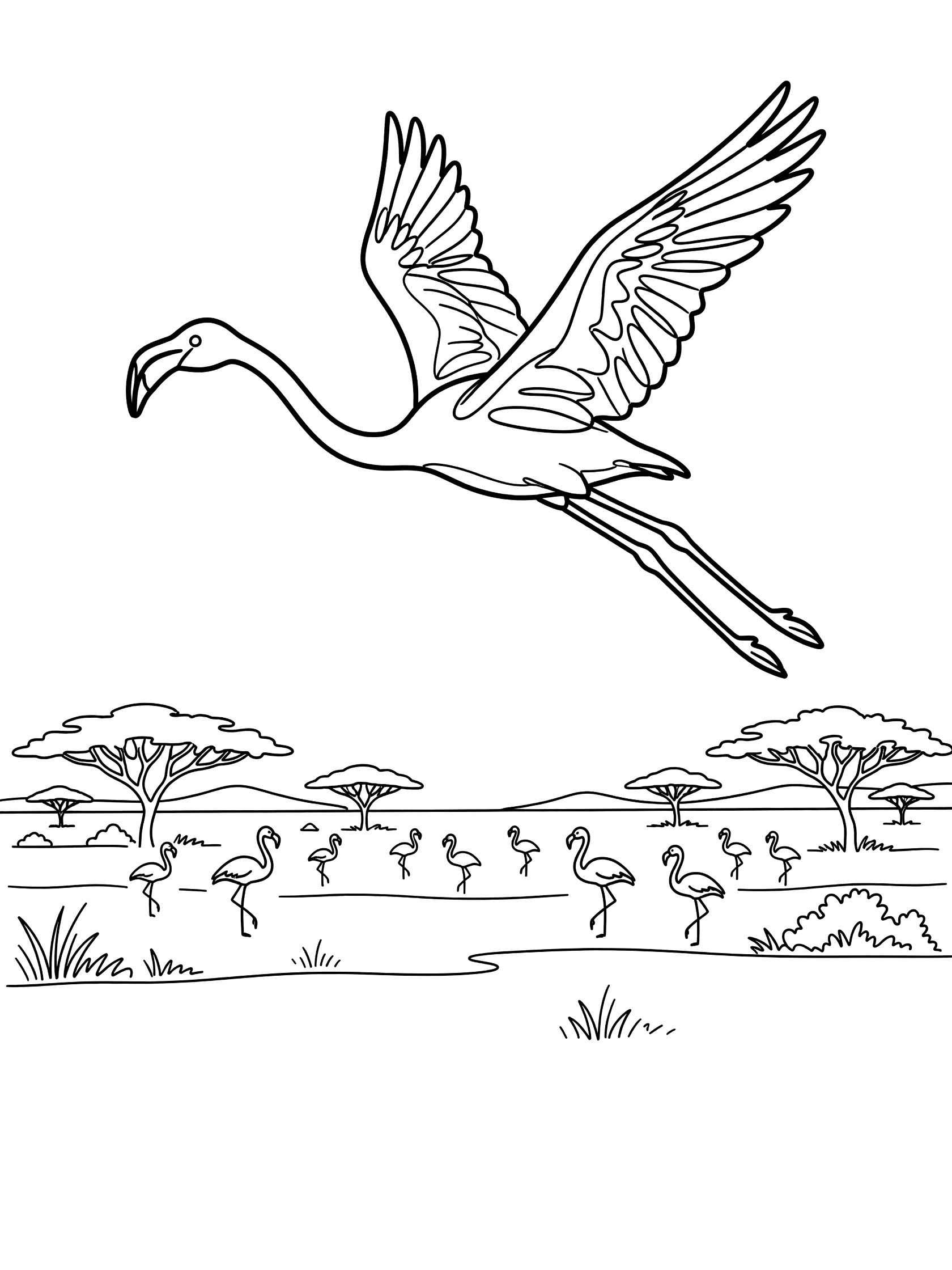 Black and white line art of a large flamingo flying over savanna grassland with distant acacia trees and a group of standing flamingos, perfect for kids coloring.