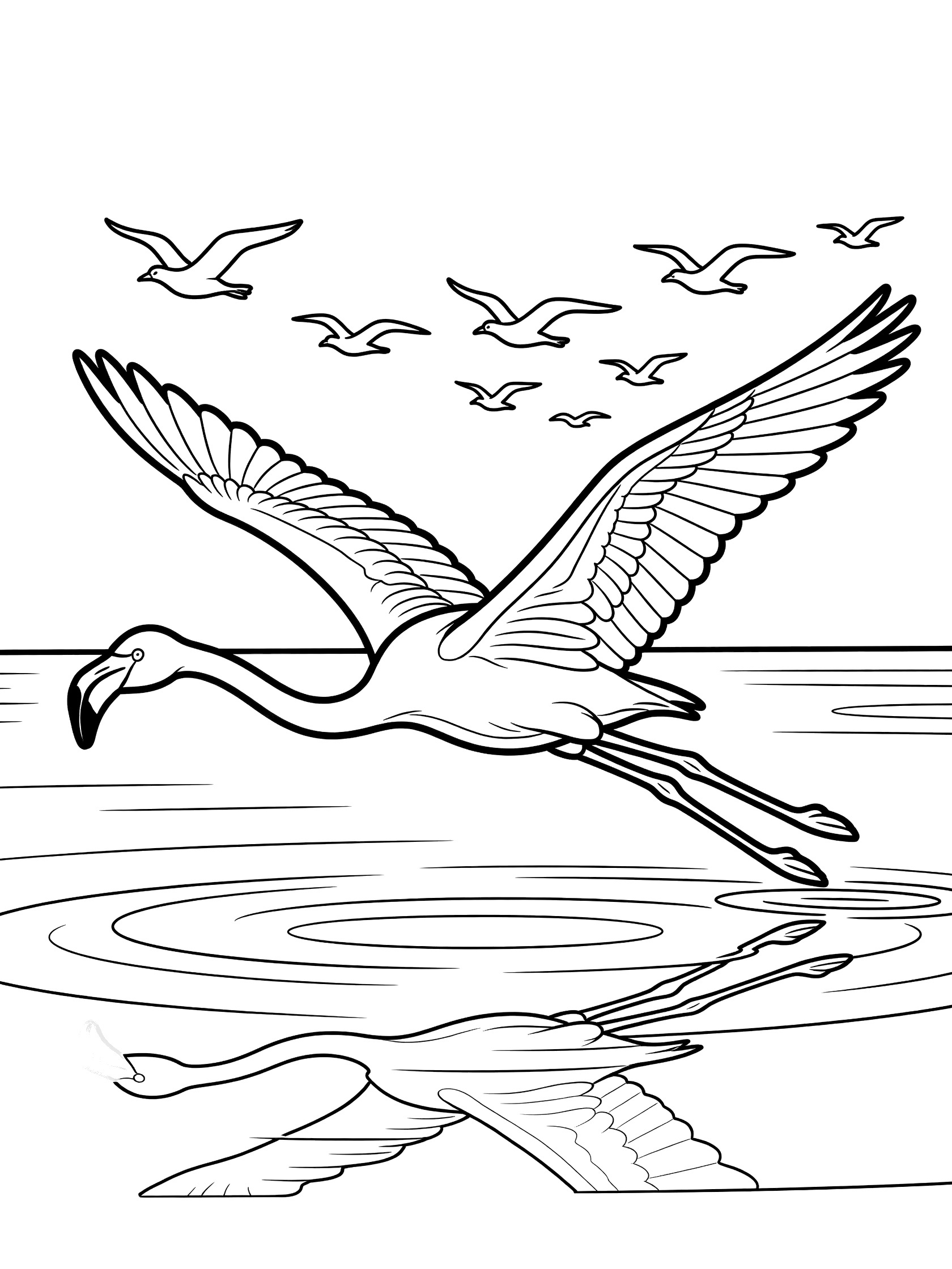 Black and white line art coloring page showing a flamingo flying low over rippling water with its reflection and a flock of birds in formation behind.