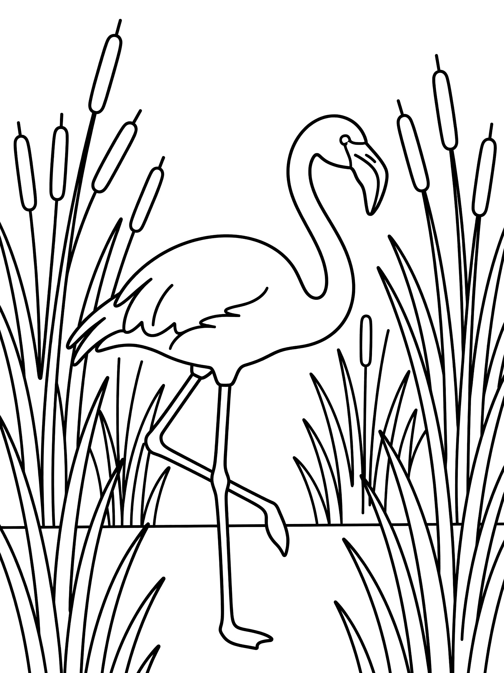 Black and white coloring page showing a flamingo balancing on one leg amid tall reeds and marsh plants with thick outlines.