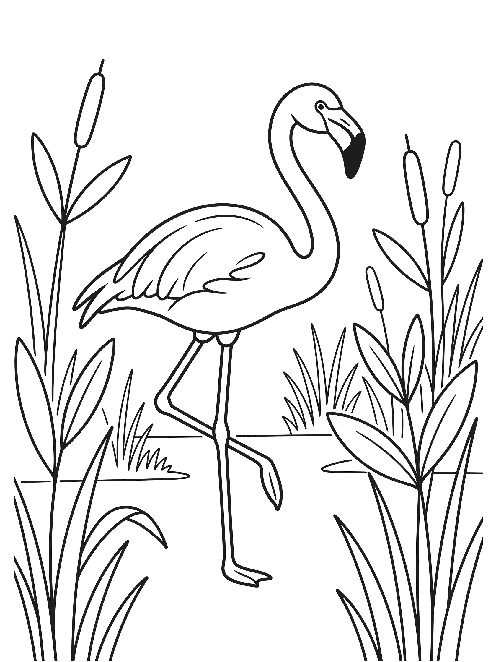 Black and white line drawing of a flamingo balancing on one leg amid tall reeds and marsh plants, coloring book style.