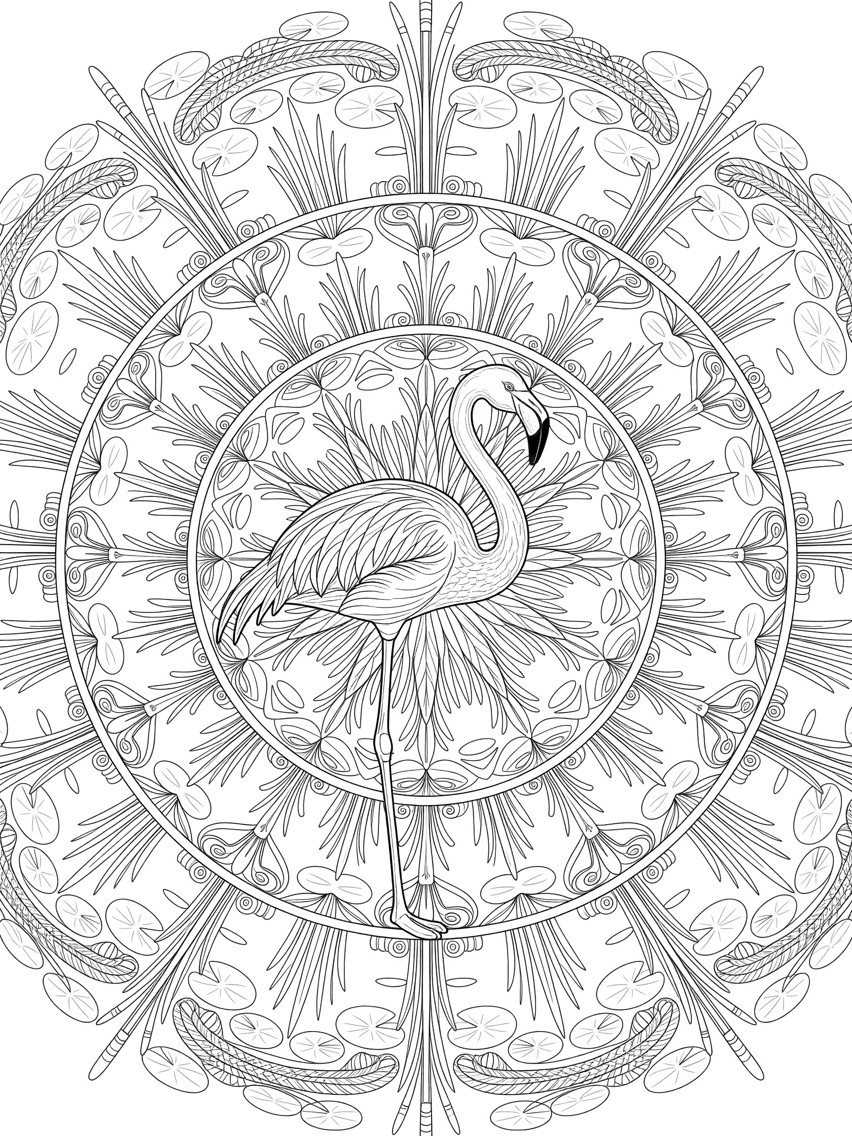 Black and white line art coloring page of a central flamingo in a symmetrical mandala design with repeating leaf and reed patterns. Lotus Mandala themed black and white printable line art