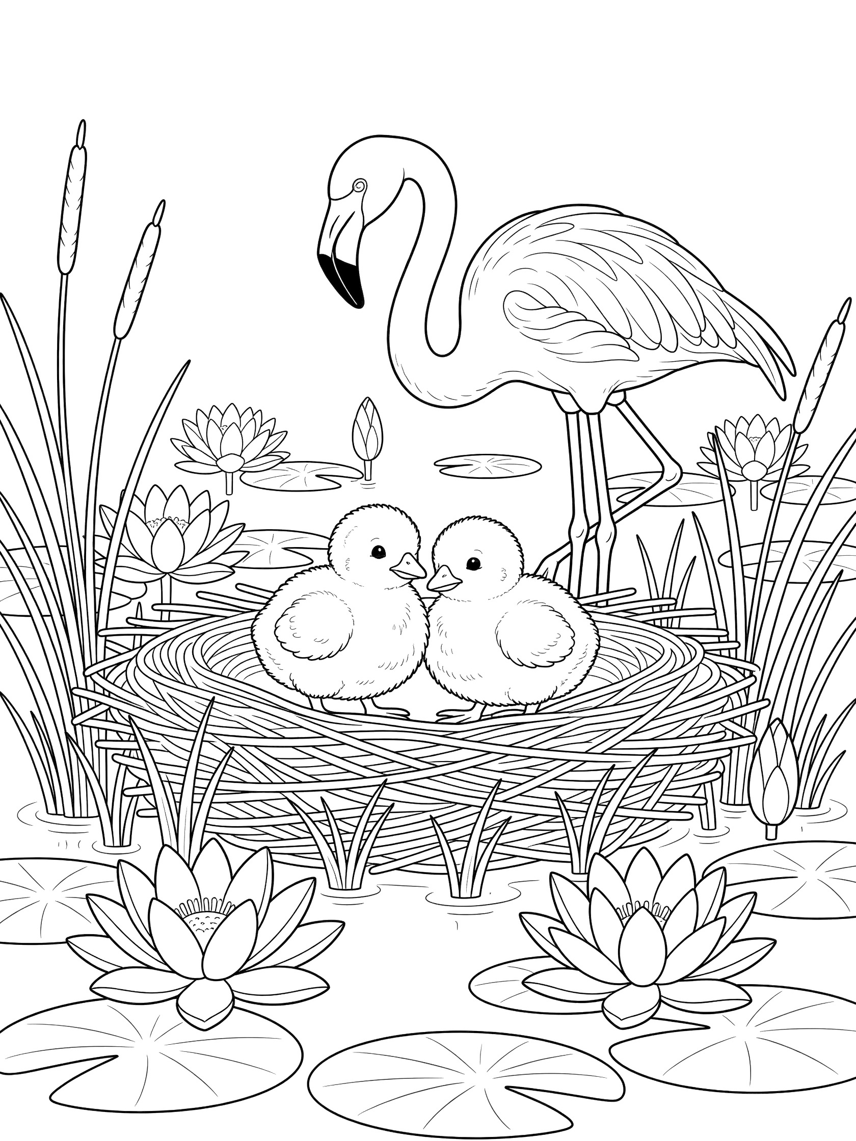 Black and white coloring page of a tall flamingo parent next to a nest holding two baby flamingo chicks, surrounded by water lilies and tall reeds.