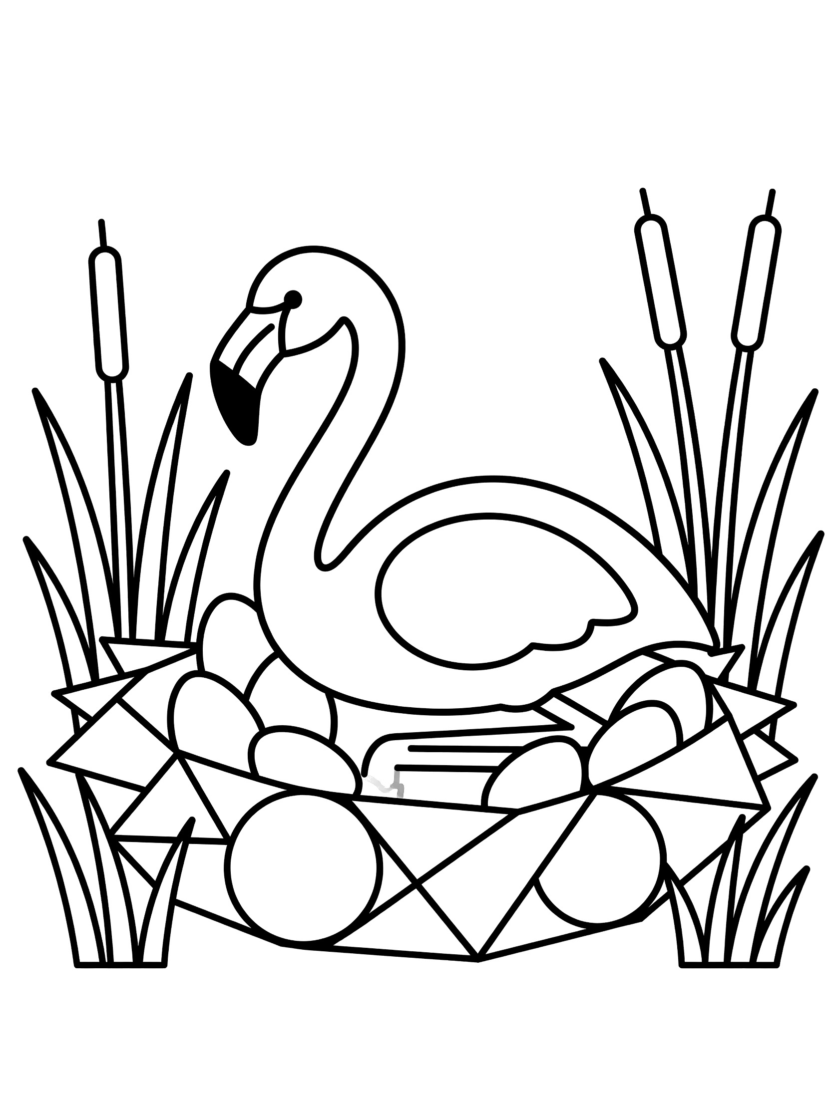 Black and white line art coloring page showing a flamingo sitting on a geometric nest with round eggs inside and tall reeds around it.