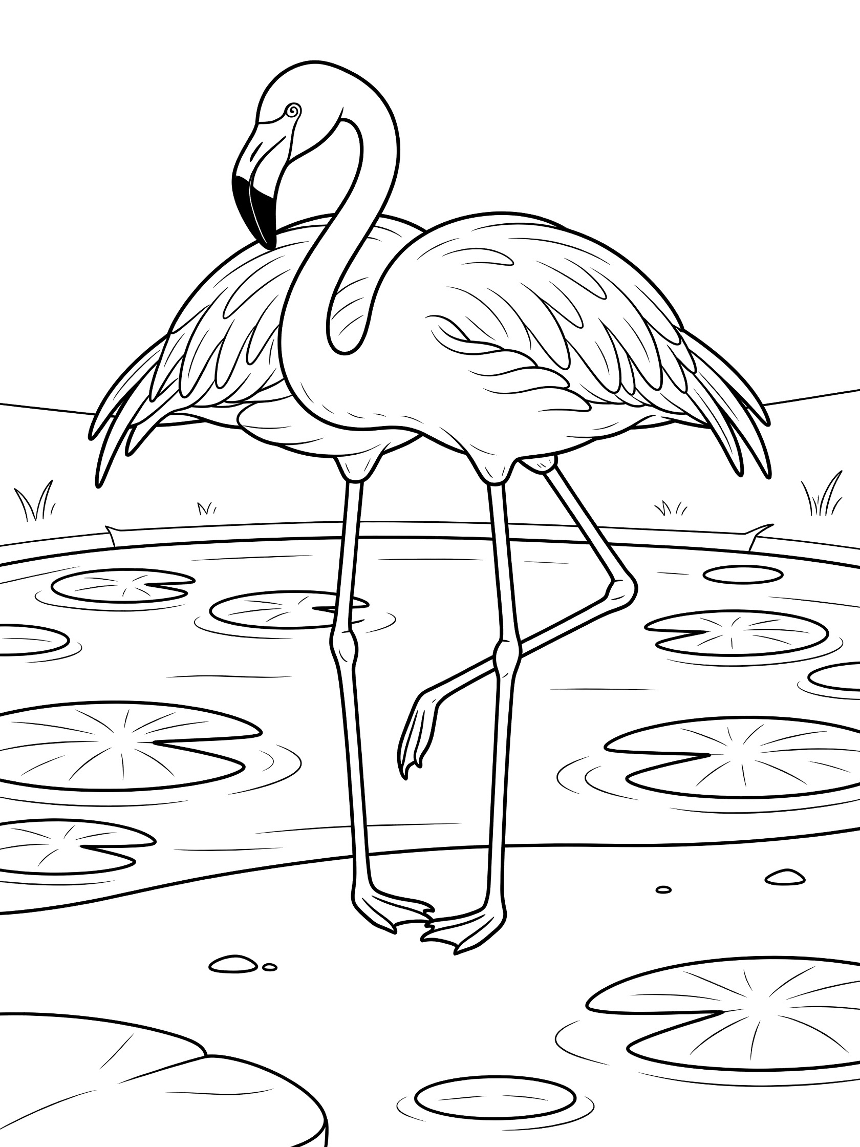 Black and white line art coloring page showing a flamingo preening its feathers with beak, standing on one leg next to a pond with lily pads.