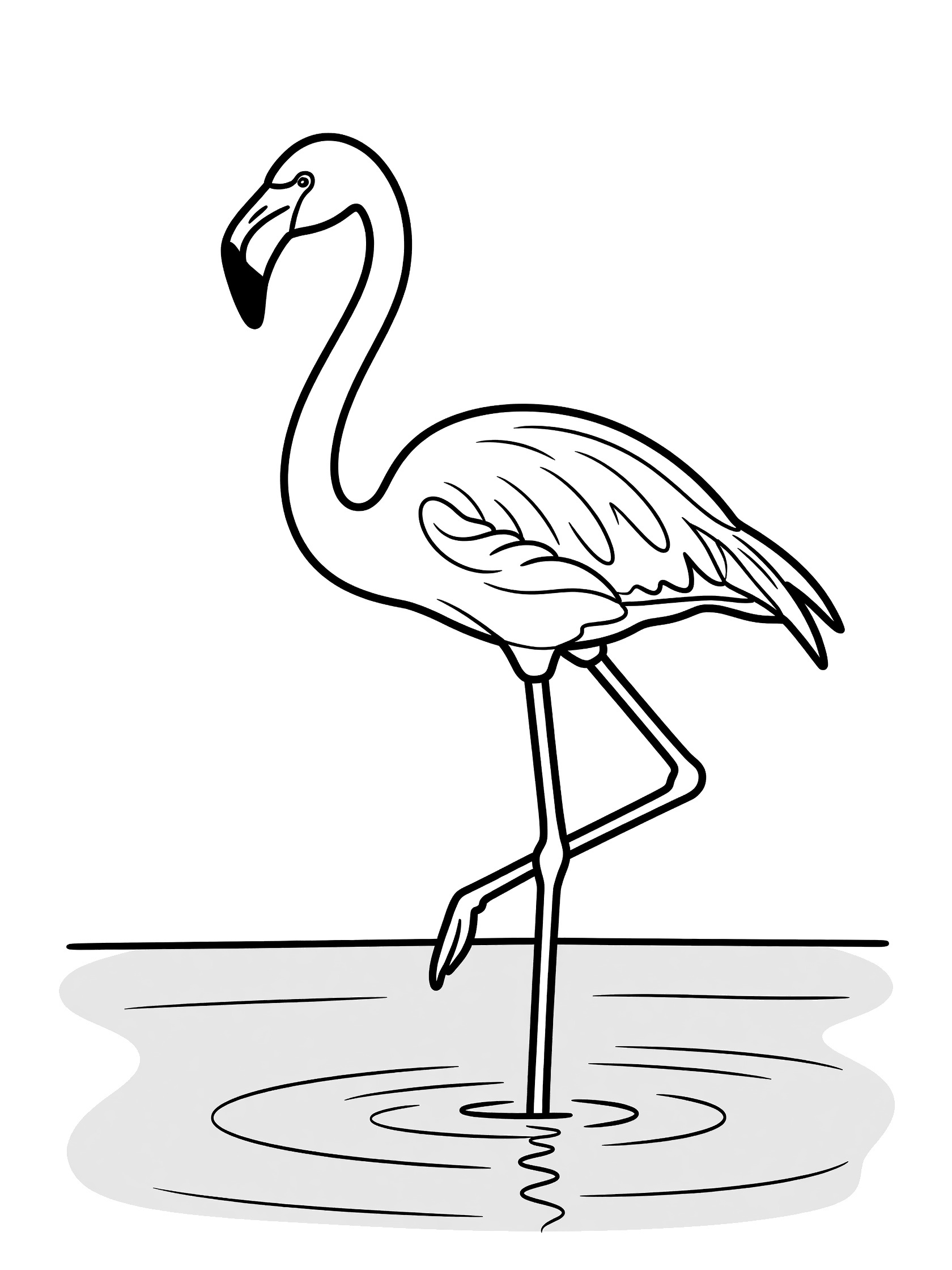 Black and white line art coloring page showing a tall flamingo standing gracefully on one leg in shallow water with ripples around its feet.