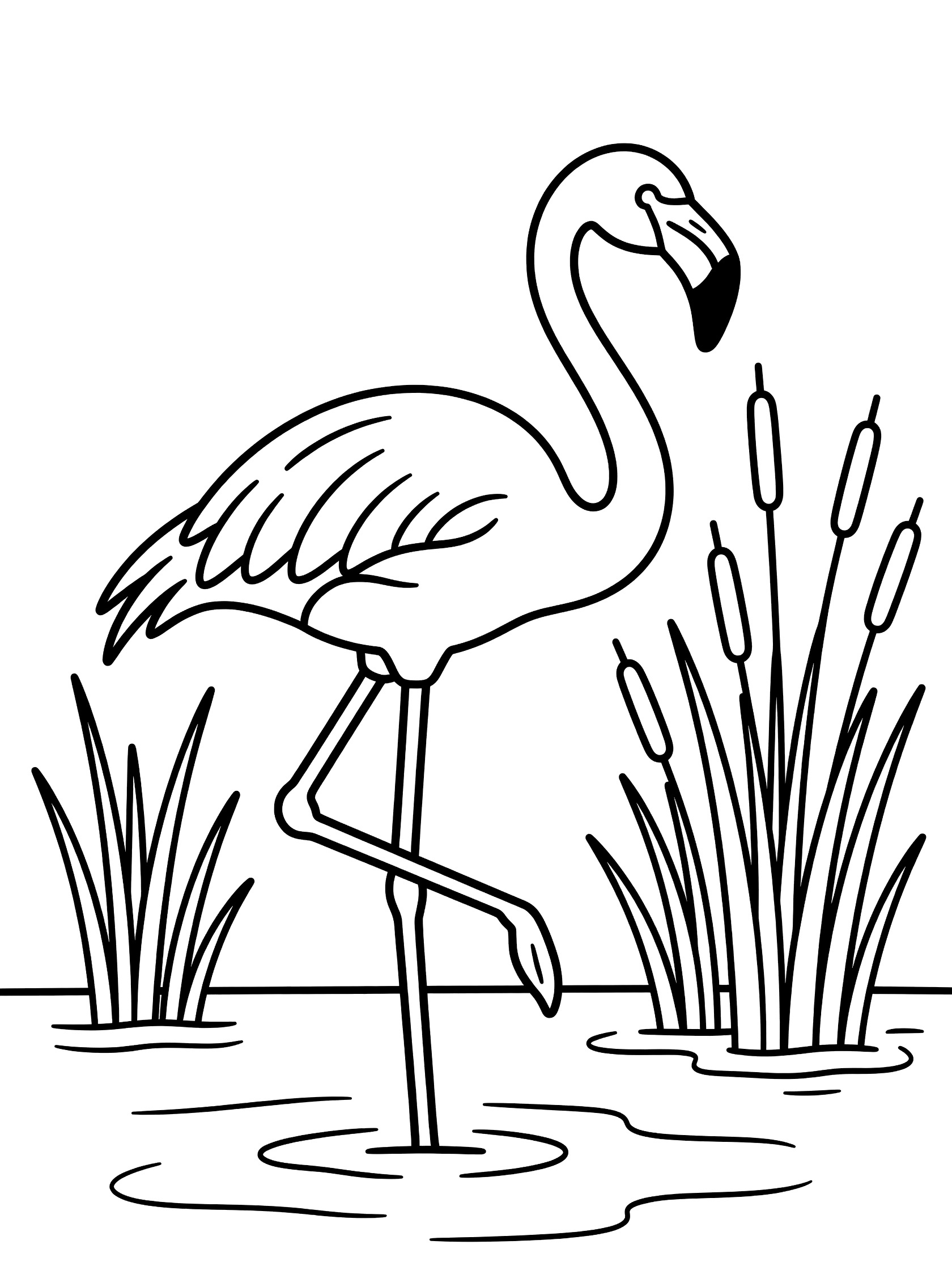 Black and white line drawing of a single flamingo standing gracefully on one leg in shallow water surrounded by tall reeds, coloring page style.