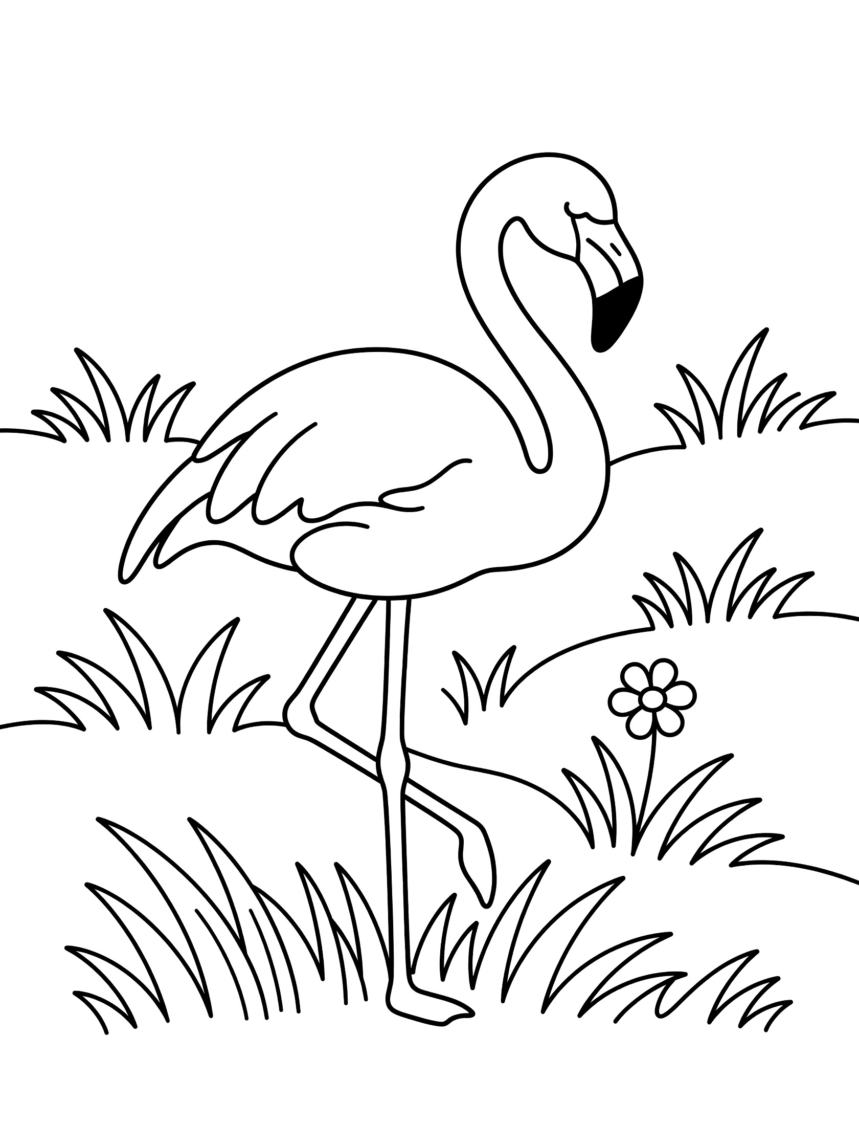 Black and white coloring page of a flamingo with long neck and legs standing on one leg in grass with a flower