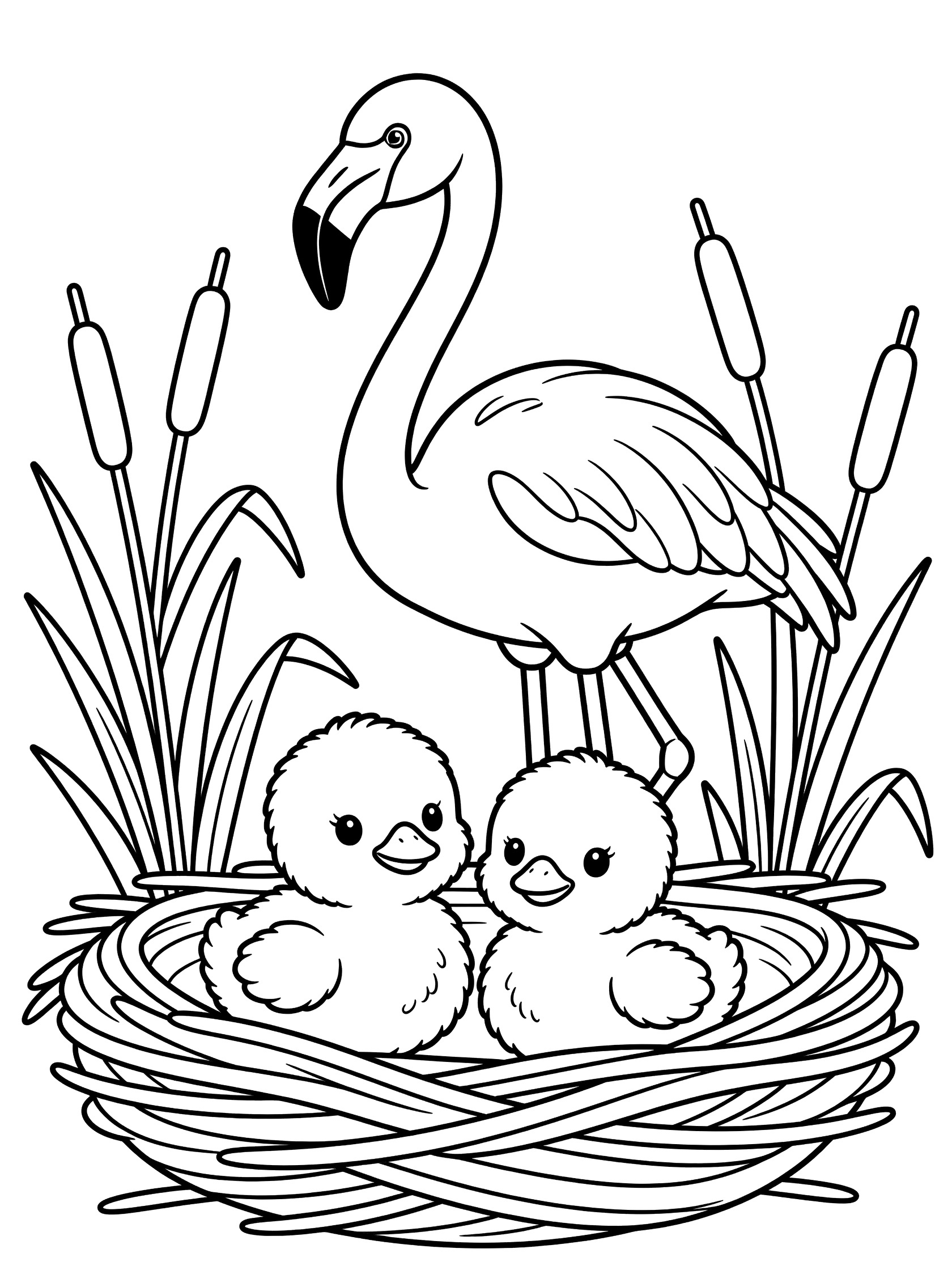 Black and white coloring page of a flamingo protecting two baby chicks peeking from a nest with reeds around them
