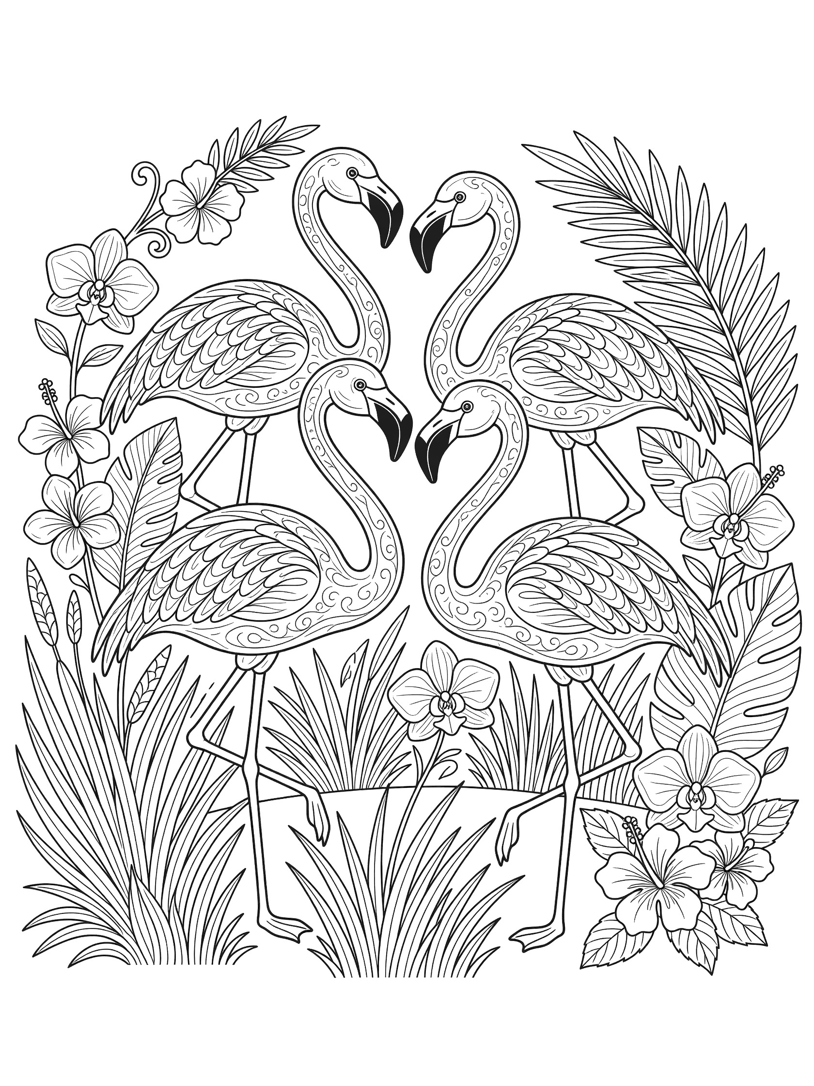 Black and white line art coloring page showing four flamingos with curved necks forming a heart shape, dancing in a circle surrounded by tropical grasses, leaves, and flowers.