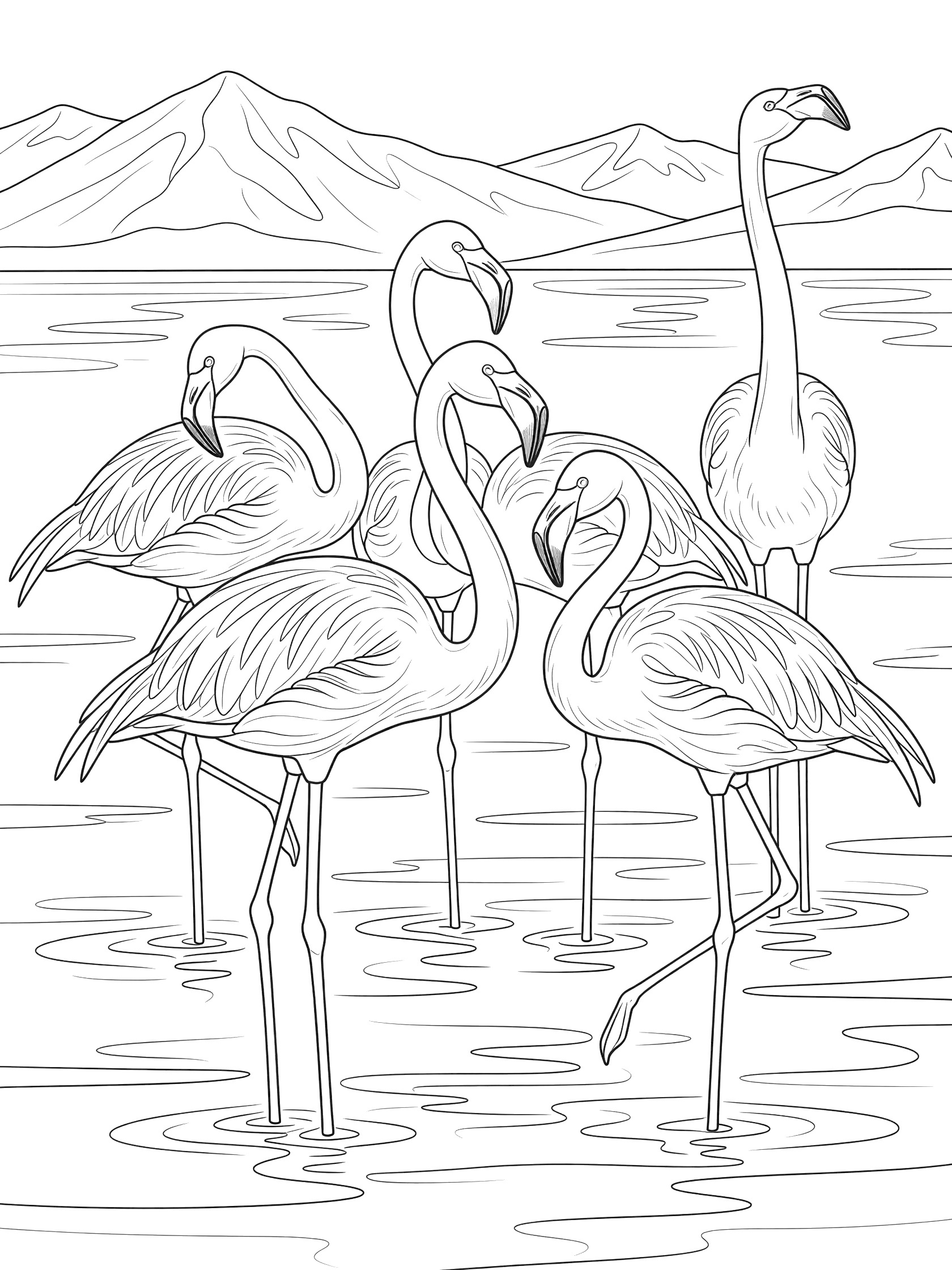 Black and white line art of five flamingos in shallow water, some with necks curved together, others standing tall, distant mountains behind.