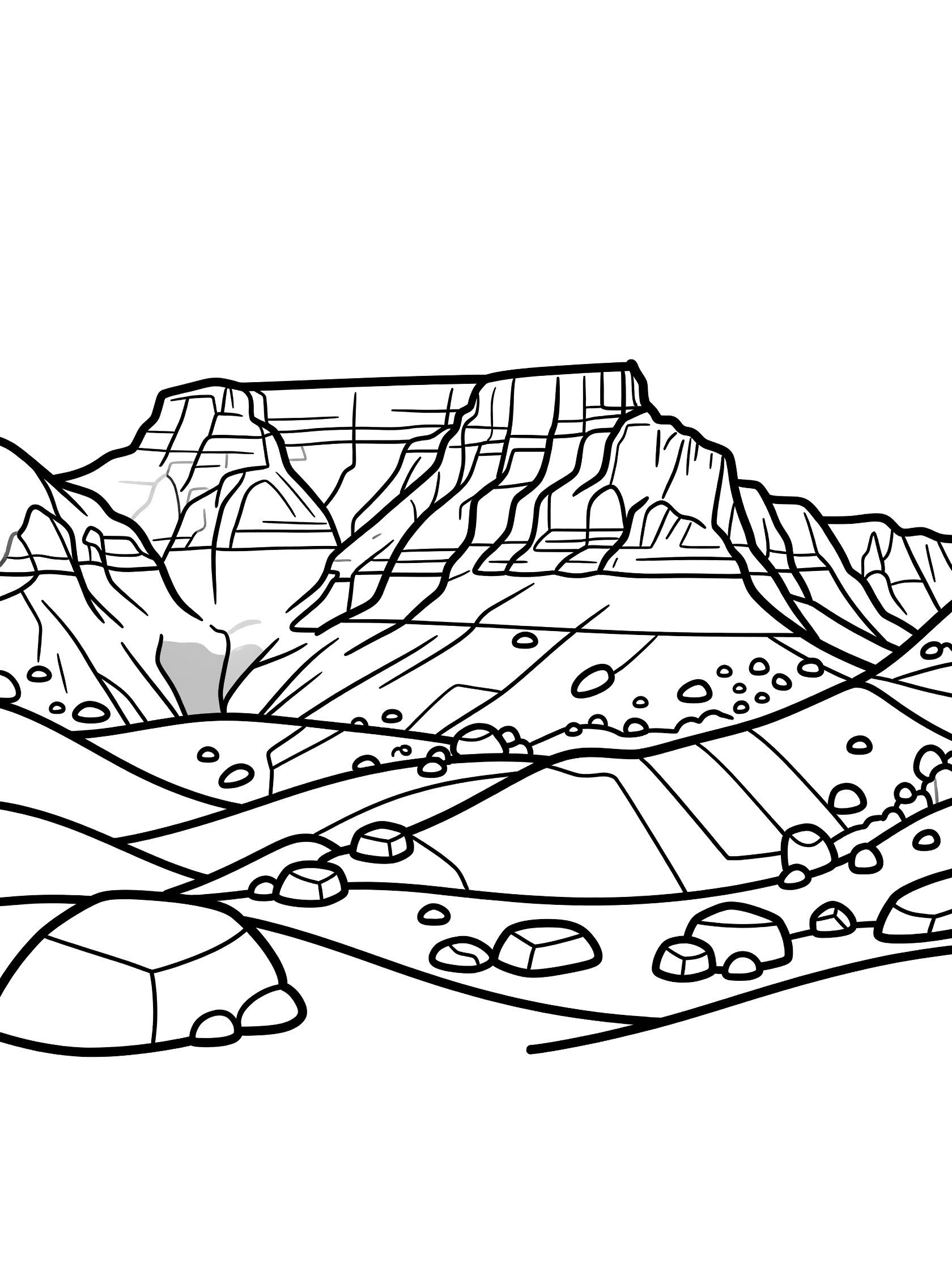 Black and white line art coloring page showing a large flat-topped mountain plateau with steep canyon cliffs, scattered boulders, and gentle rolling hills at the base. Table Mountain themed black and white printable line art