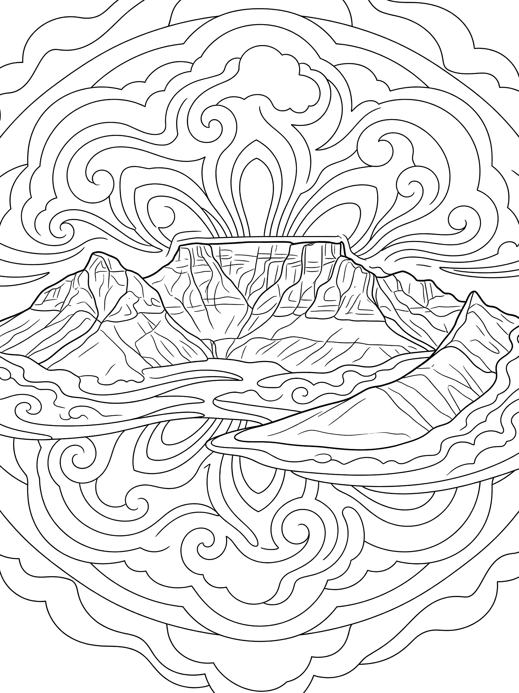 Black and white line art coloring page of a symmetrical mandala featuring a central flat-topped mountain with swirling cloud patterns and radiating rocky designs. Table Mountain themed black and white printable line art