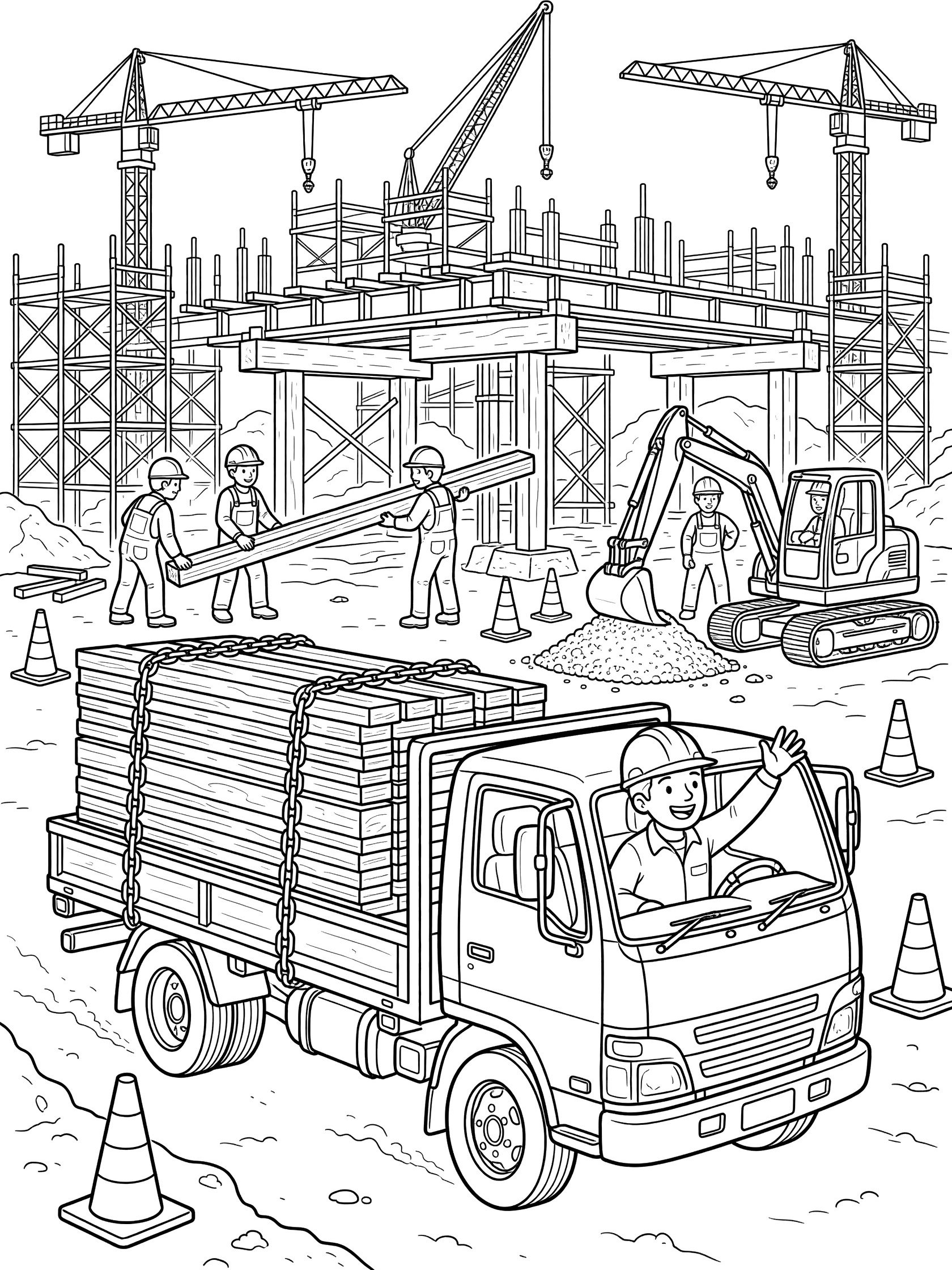 Black and white coloring page of a flatbed truck hauling wooden planks at a construction site with workers, excavator, cranes, and traffic cones.