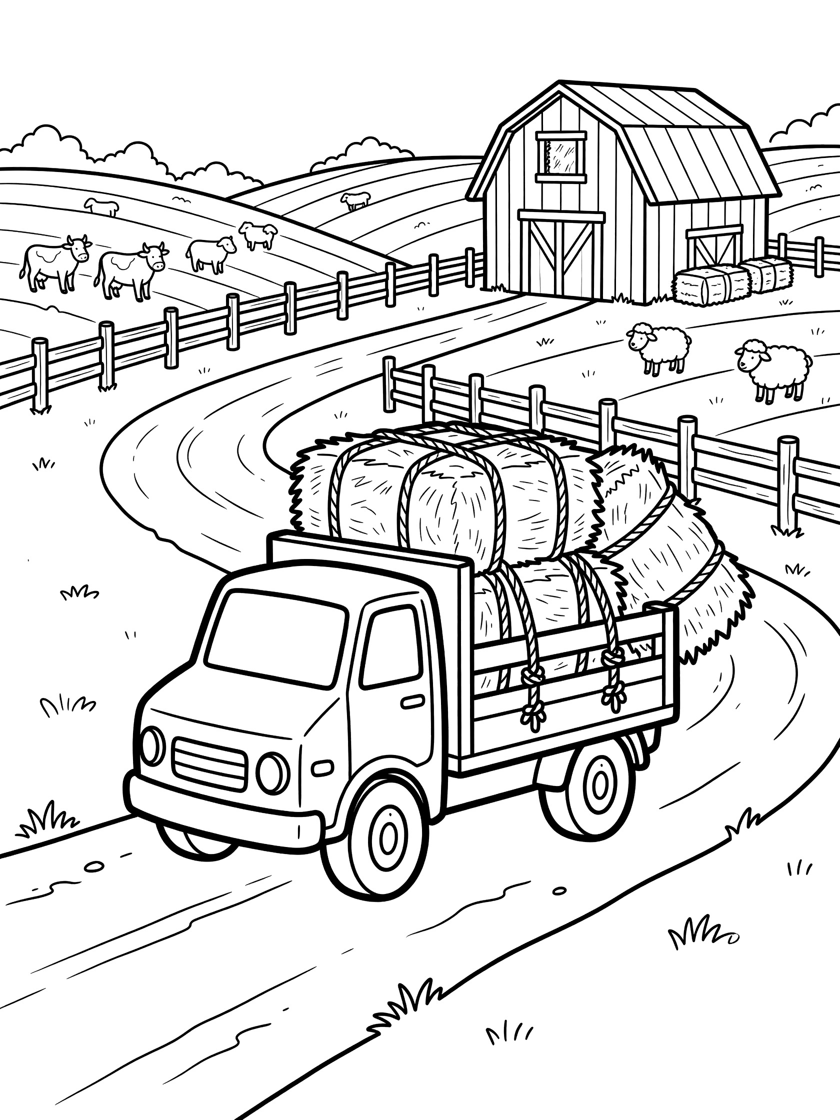 Black-and-white coloring page of a flatbed truck carrying stacked hay bales tied with ropes along a winding dirt road toward a barn, with green fields, split-rail fence, cows, and sheep in the background.