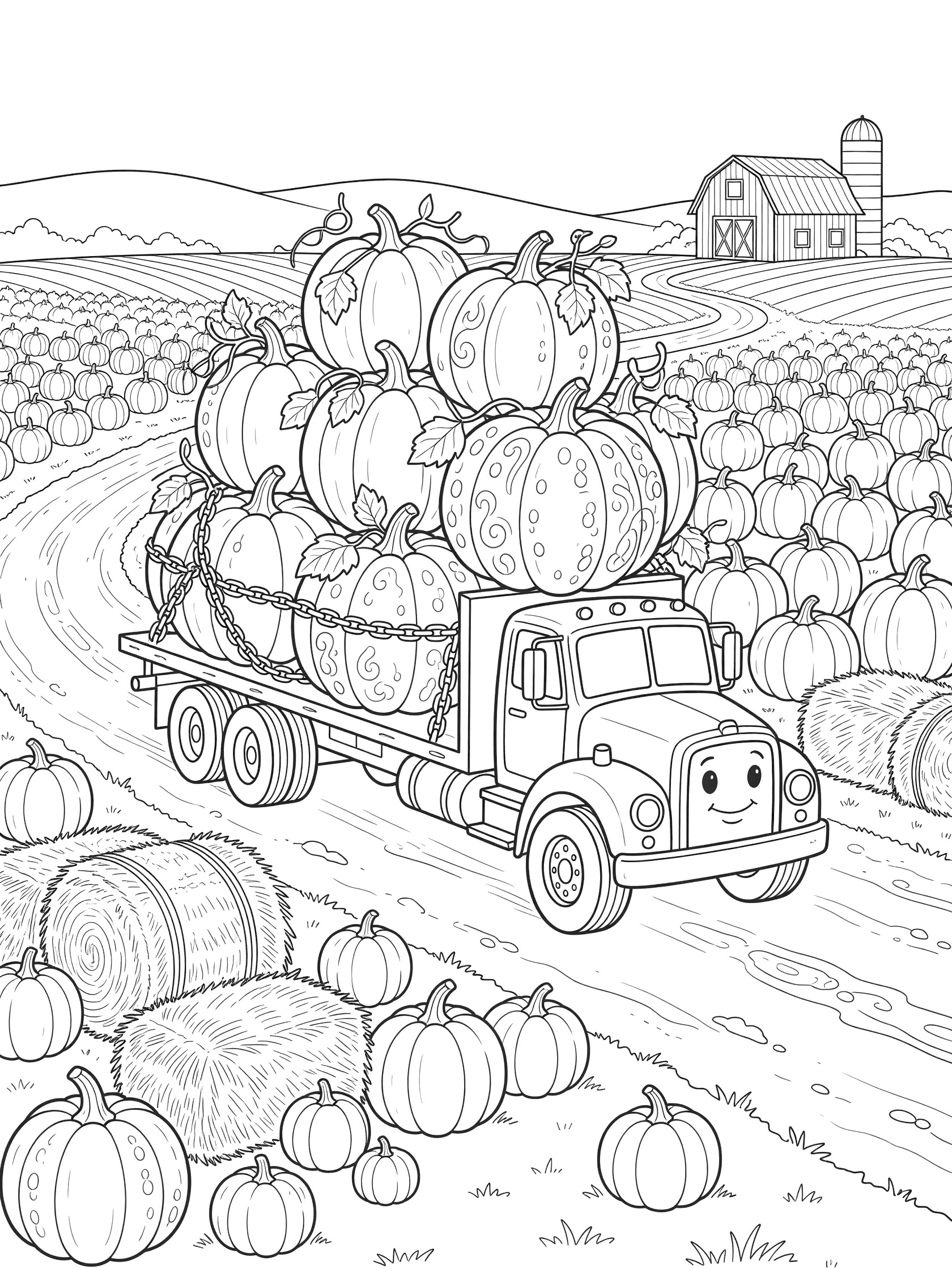 Line art coloring page showing a flatbed truck with chains securing giant pumpkins with vines and leaves, driving on a winding dirt road through pumpkin fields toward a red barn.