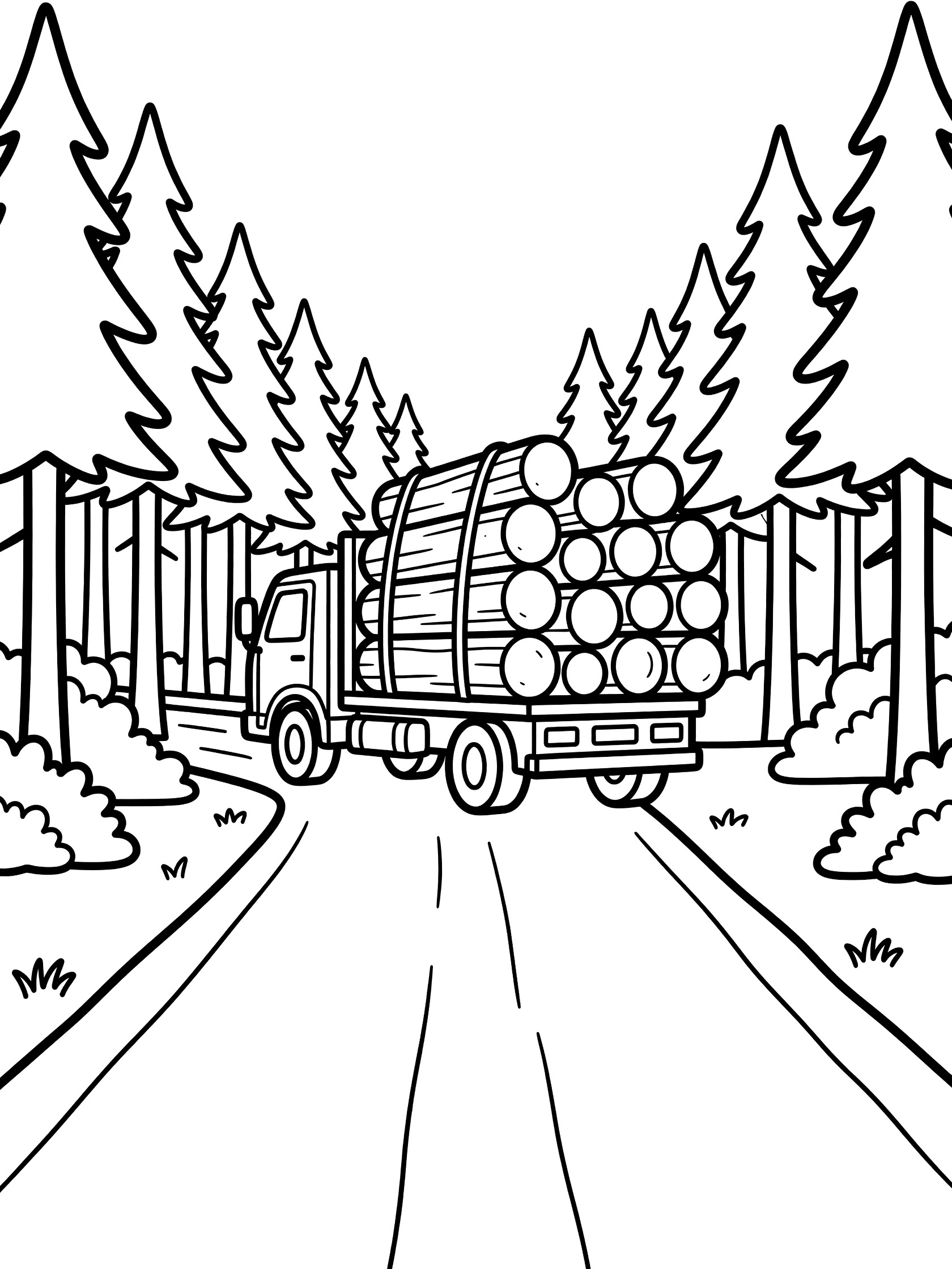 Black and white coloring page showing a flatbed truck loaded with large round logs driving on a dirt road lined with tall pine trees and bushes in a forest.