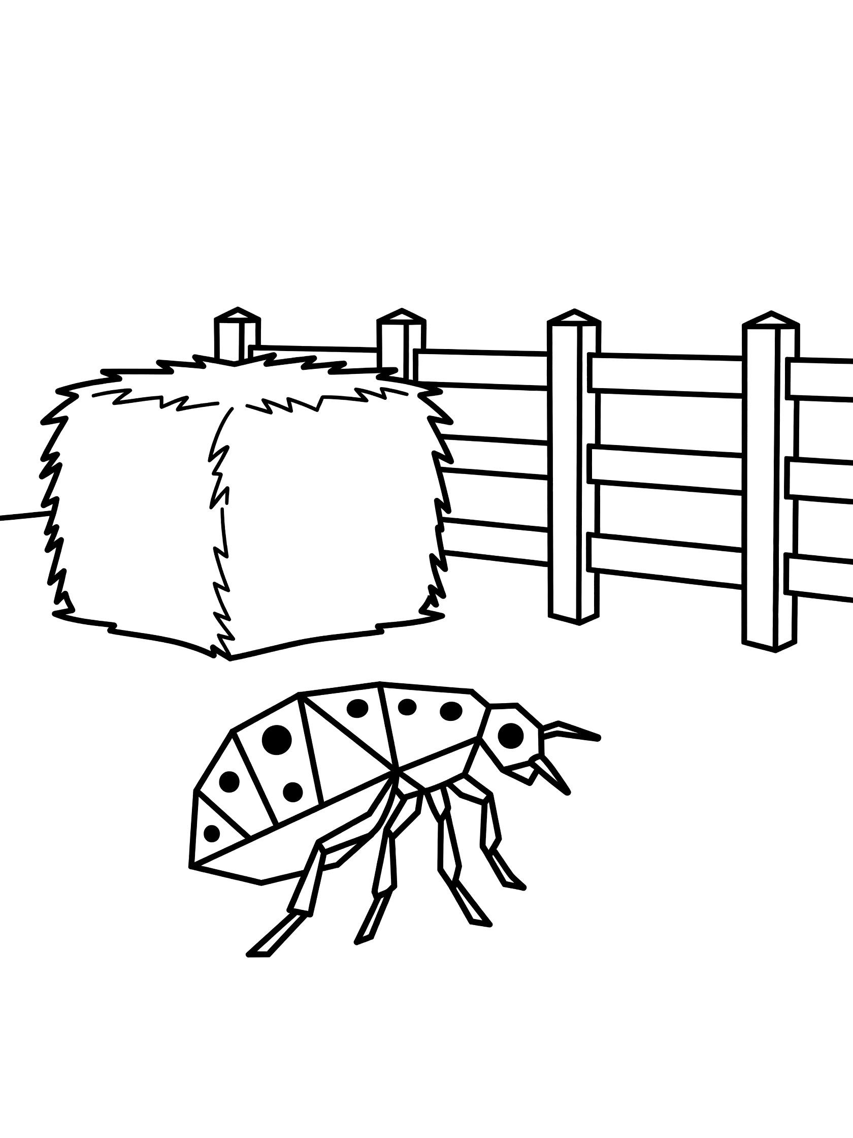 Black and white coloring page showing a geometric flea hopping near a stacked hay bale and wooden fence with posts.