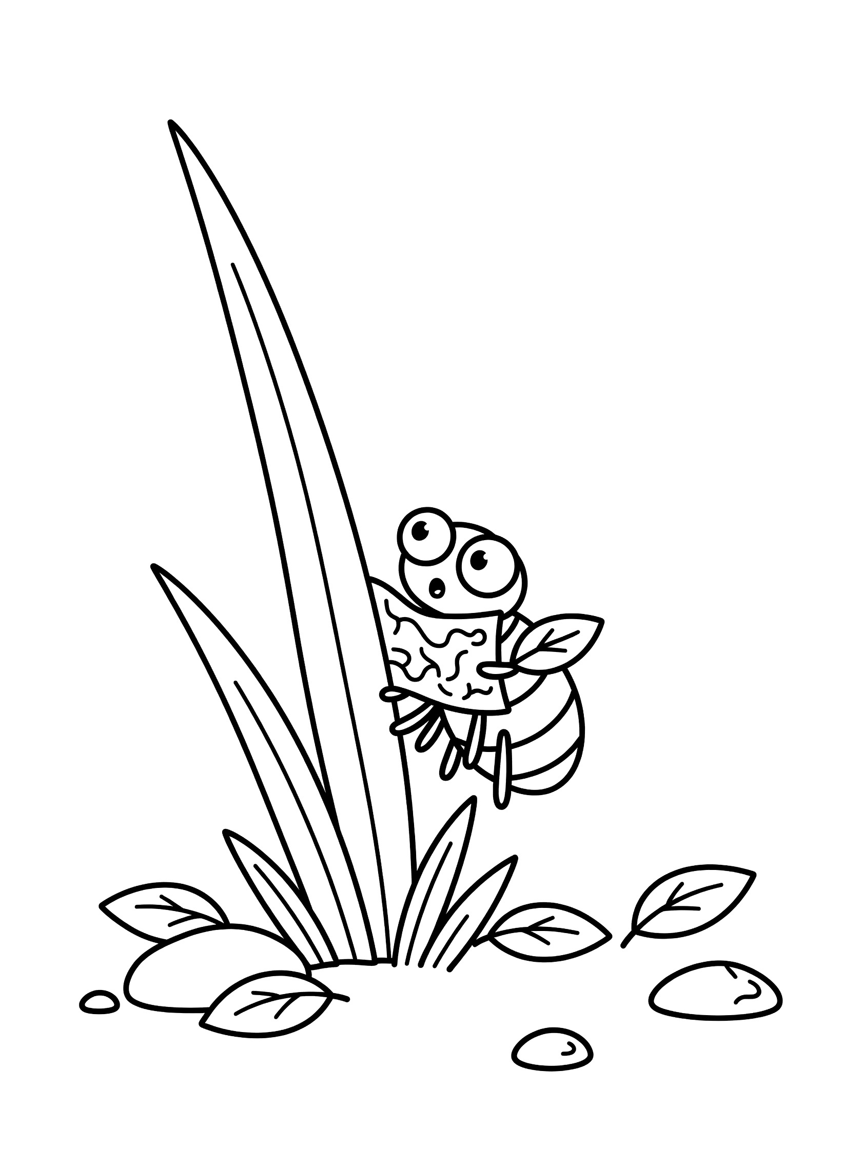 Black and white line art coloring page showing a wide-eyed flea reading a leaf like a map while climbing a tall grass blade, with small rocks and leaves on the ground.
