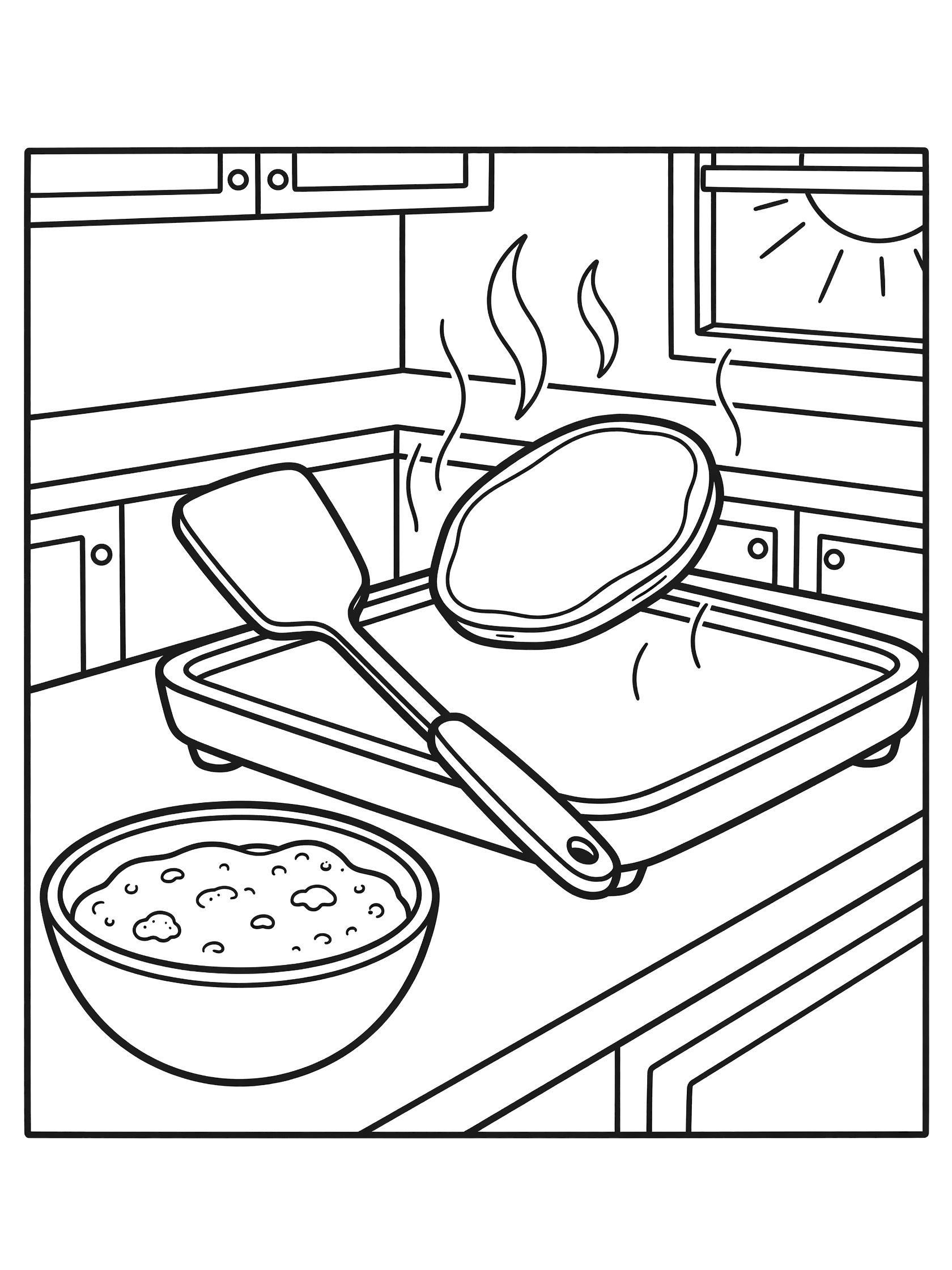 Pancake coloring page showing a round pancake being flipped with a spatula on a griddle, batter bowl nearby, steam rising in a kitchen