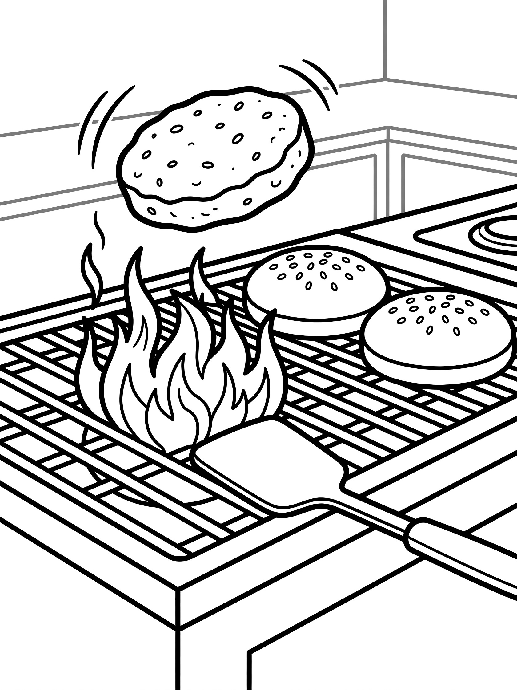Line art coloring page showing a hamburger beef patty mid-air flip over grill with motion lines, sesame buns toasting, spatula, and rising flames.