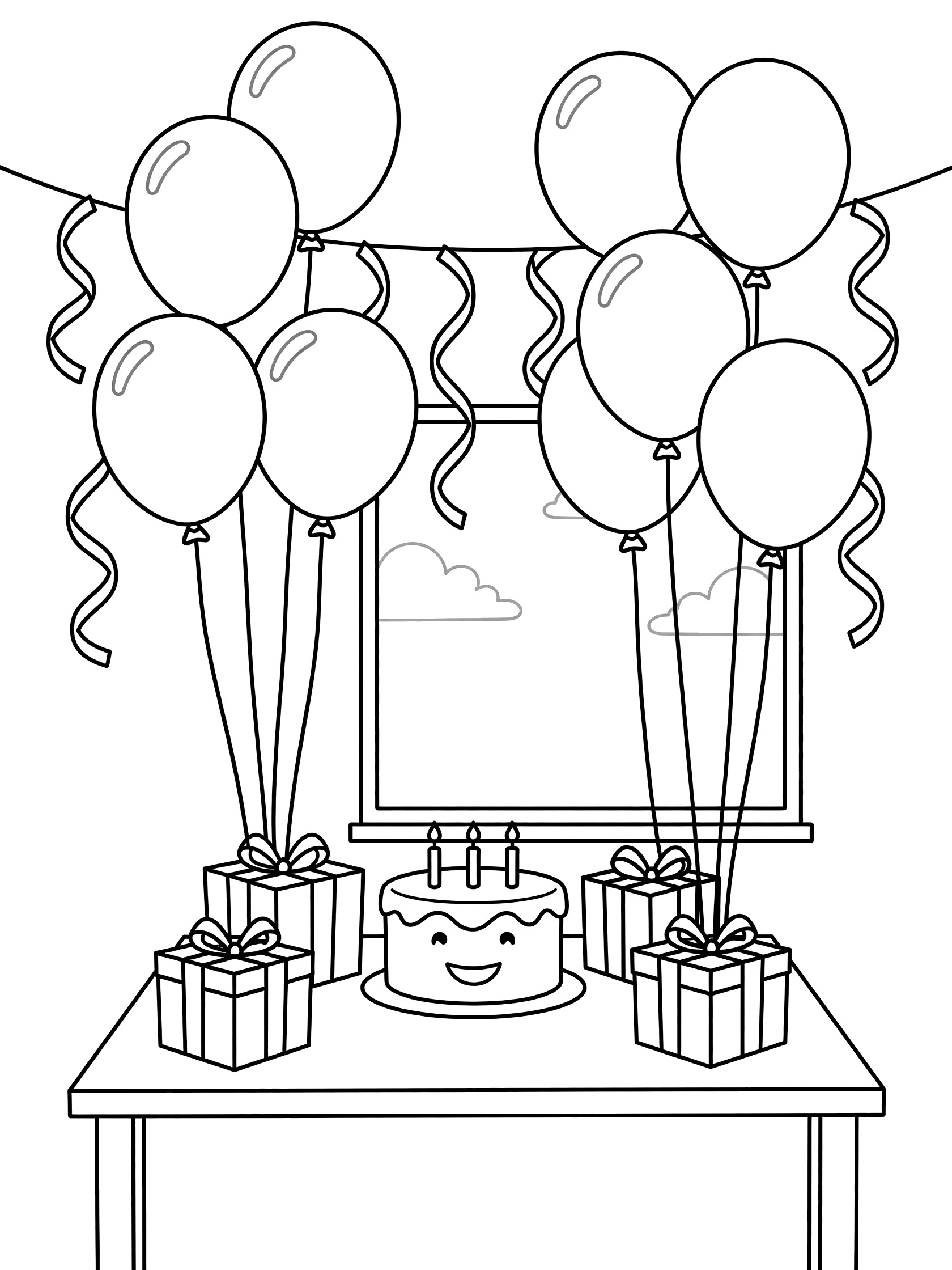 Cute cartoon coloring page with large round balloons floating from a party table holding a smiling birthday cake, candles, wrapped presents, streamers, and a window with clouds.
