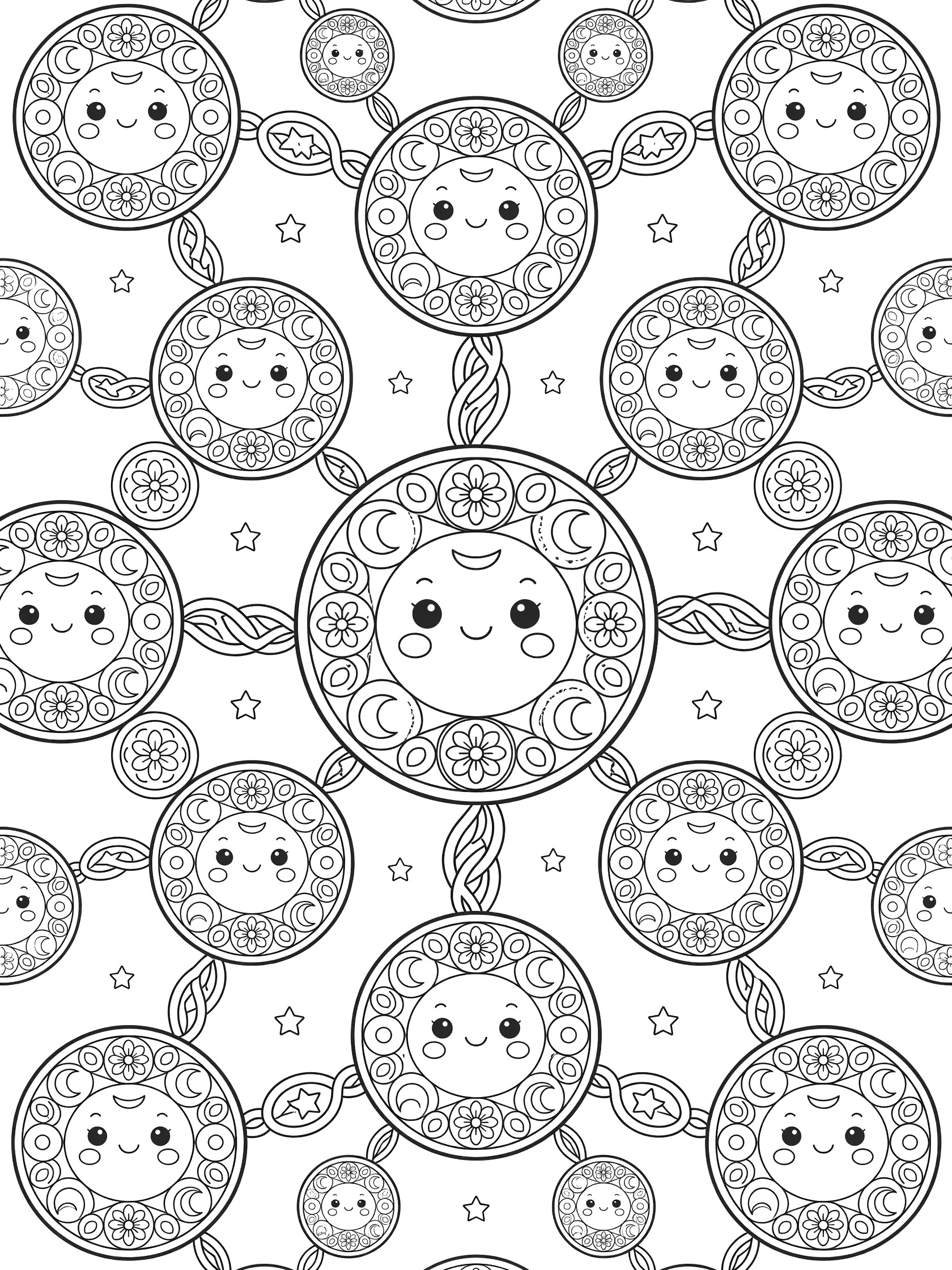 Cute floating circles coloring page with a big central circle smiling, smaller overlapping circles connected by chains, stars, and geometric patterns inside.