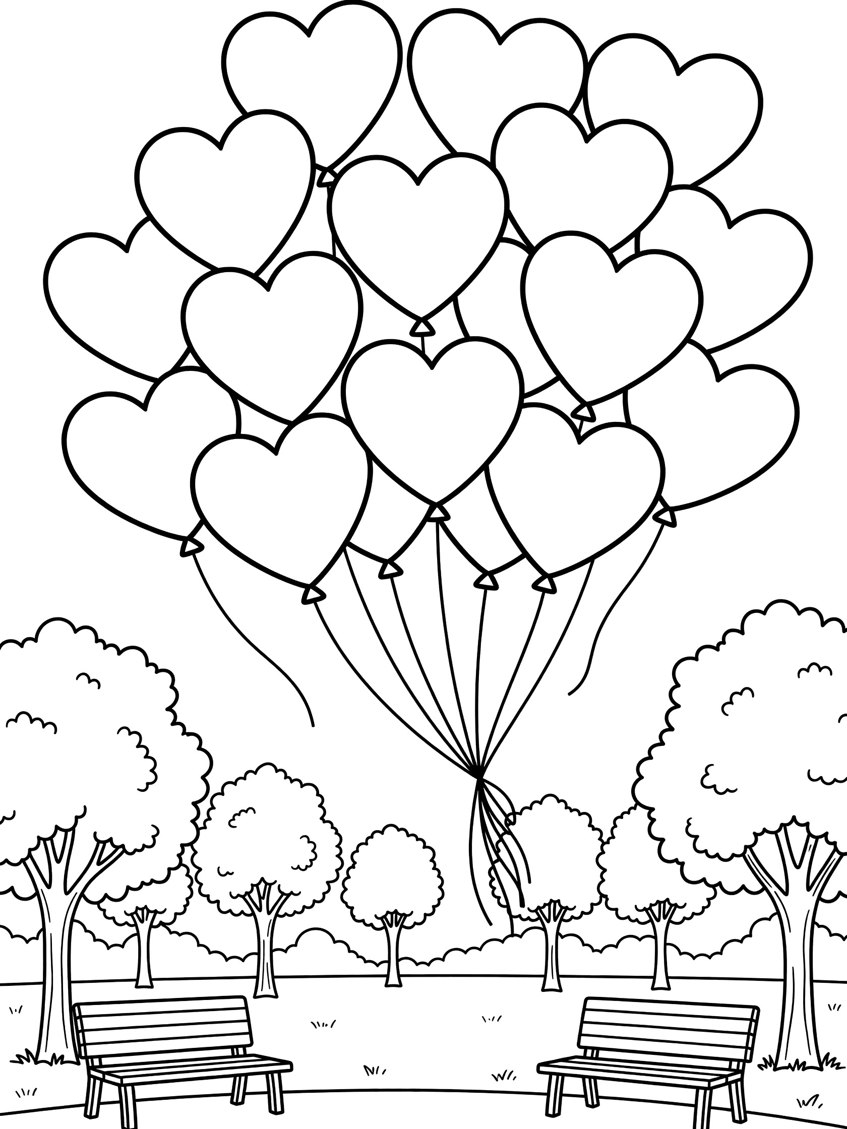Black and white line art of heart balloons floating over a park with trees and benches for Valentine's Day coloring