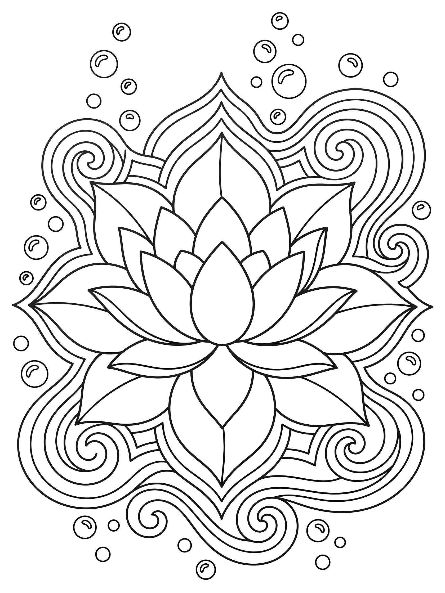 Simple line art coloring page of a lotus mandala floating in water with bubbles and swirling patterns around large petals.