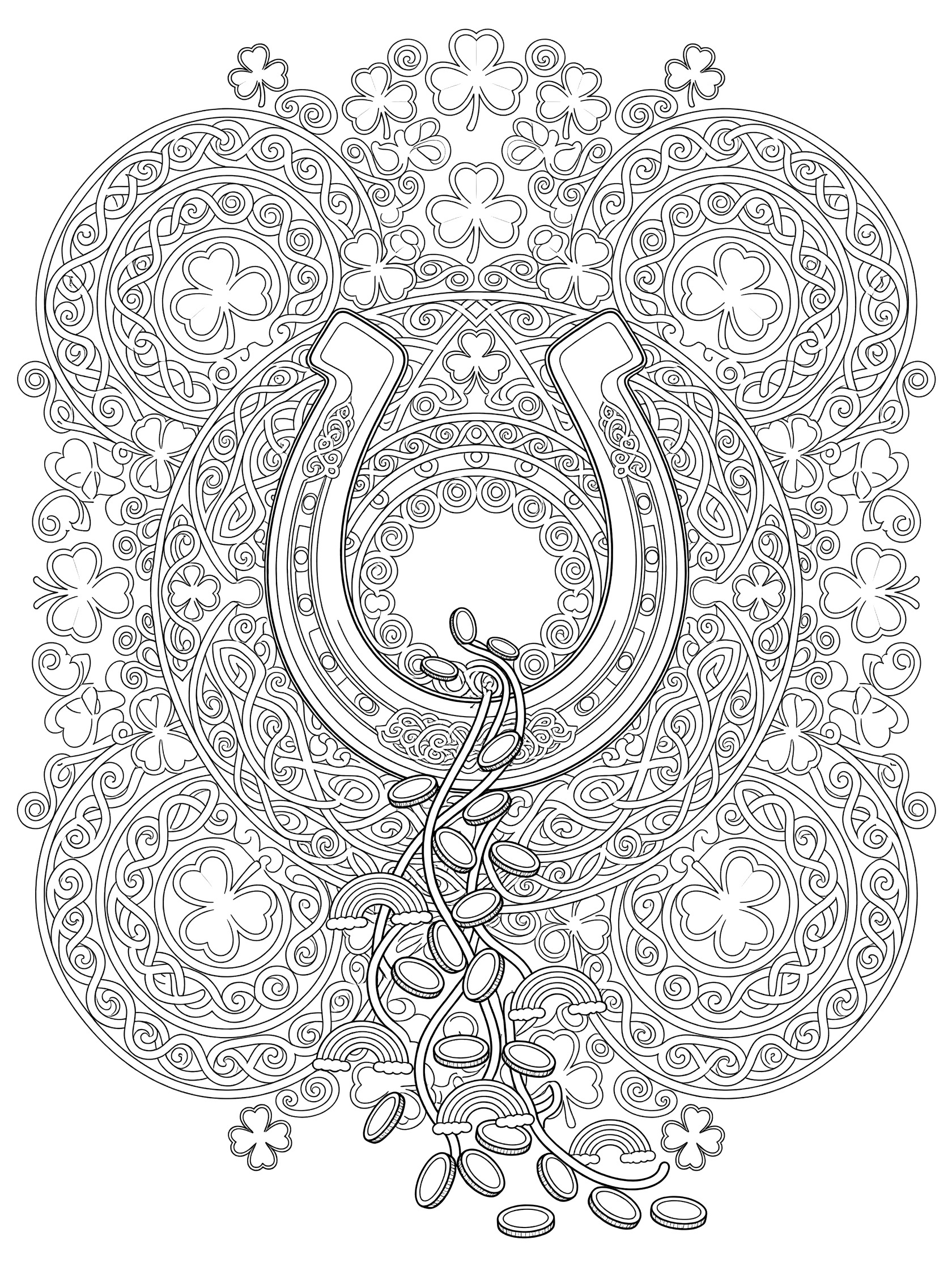 Black-and-white line art coloring page of a large floating horseshoe surrounded by shamrocks, four-leaf clovers, cascading coins, vines, and Celtic knot patterns for St. Patrick's Day.
