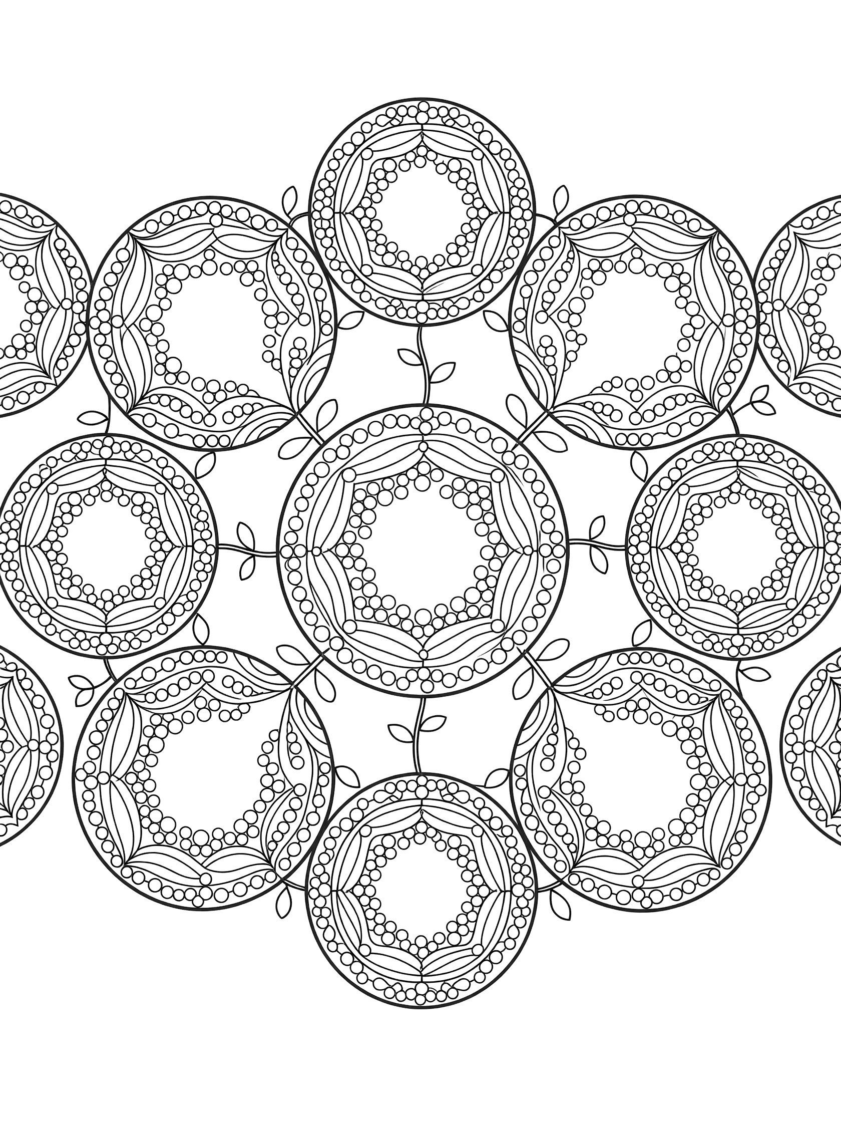 Symmetrical arrangement of large floating orbs filled with zentangle patterns of curves, dots, and wavy lines, connected by vine tendrils, black and white line art.
