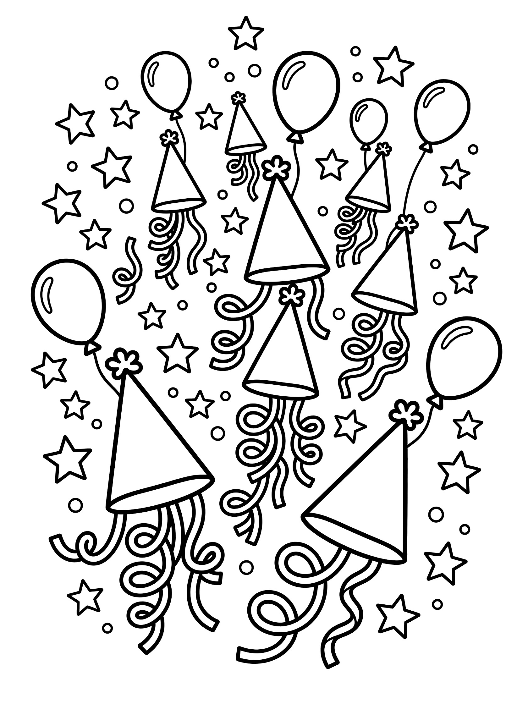 Black and white line art coloring page showing cone-shaped party hats floating up with balloons attached and curly streamers trailing. Stars and dots swirl playfully.