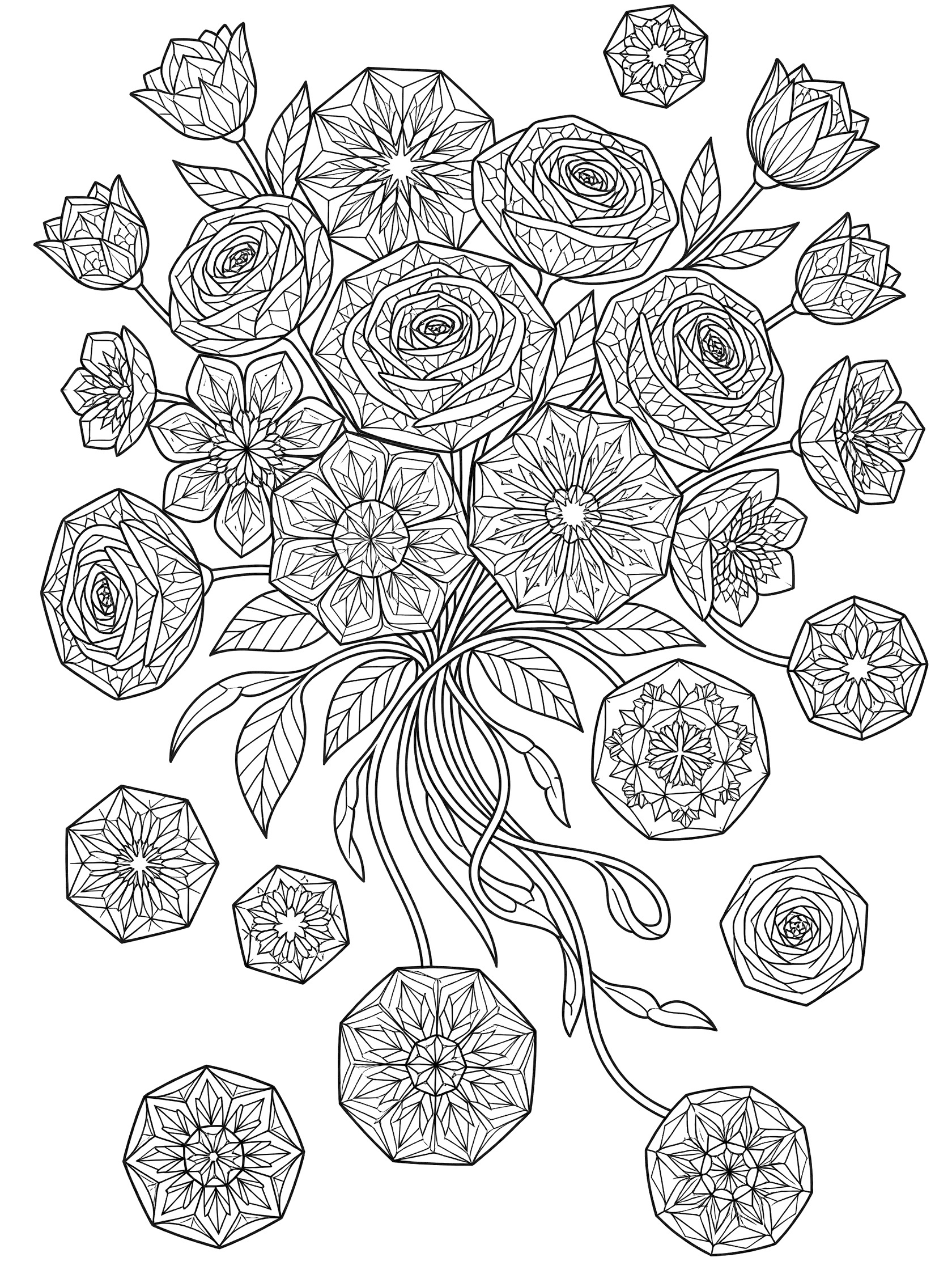 Detailed line art coloring page of a fantastical floating bouquet made of geometric flower petals forming roses, daisies, and tulips, with ribbon vines, leaves, and floating buds.