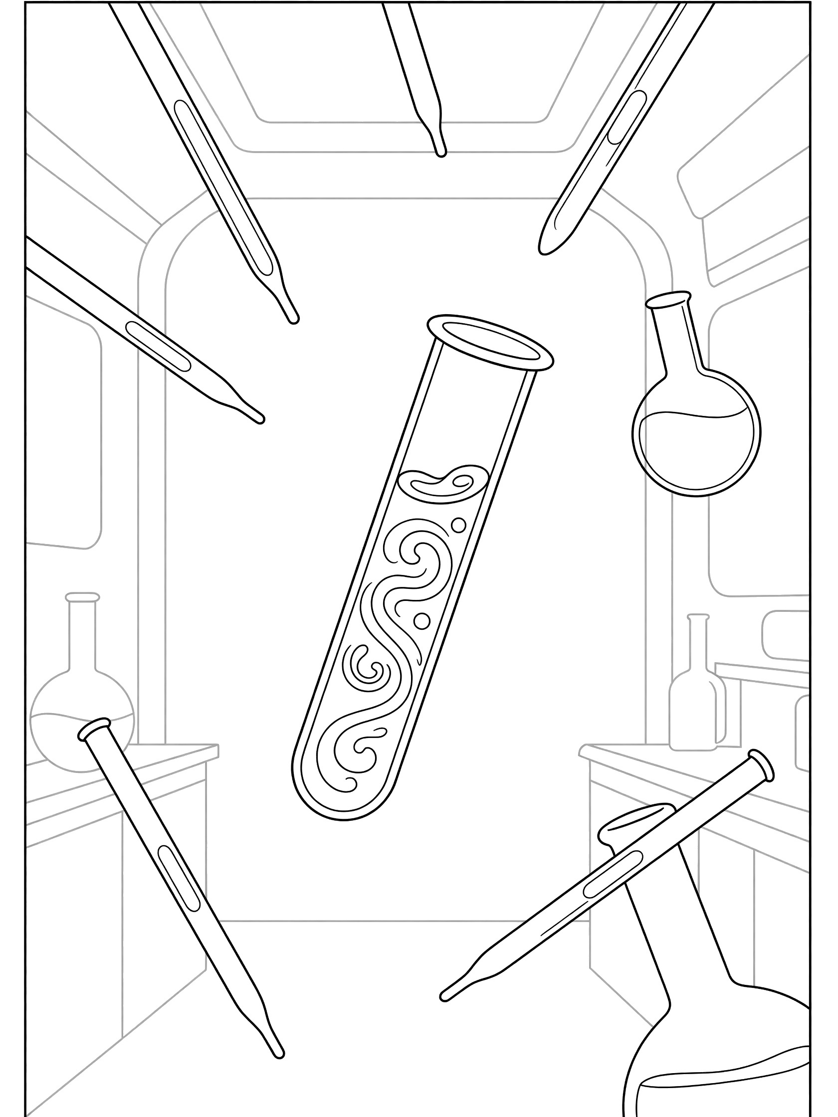 Black-and-white coloring page of a test tube with swirling liquids floating in a zero-gravity space station lab surrounded by pipettes and flasks.