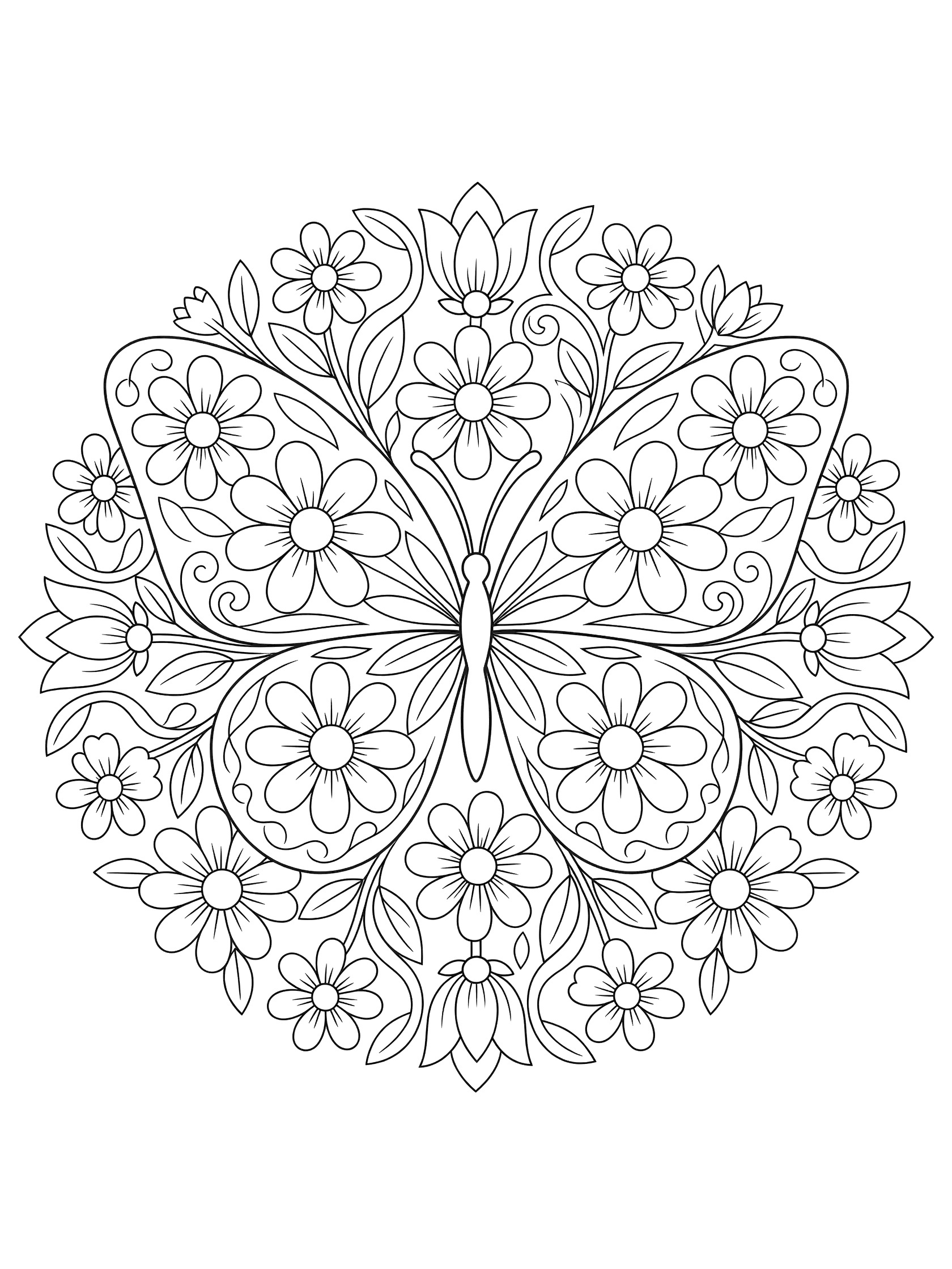 Black and white line art of a simple floral butterfly mandala with blooming flowers and swirling vines on wings, perfect for kids coloring.