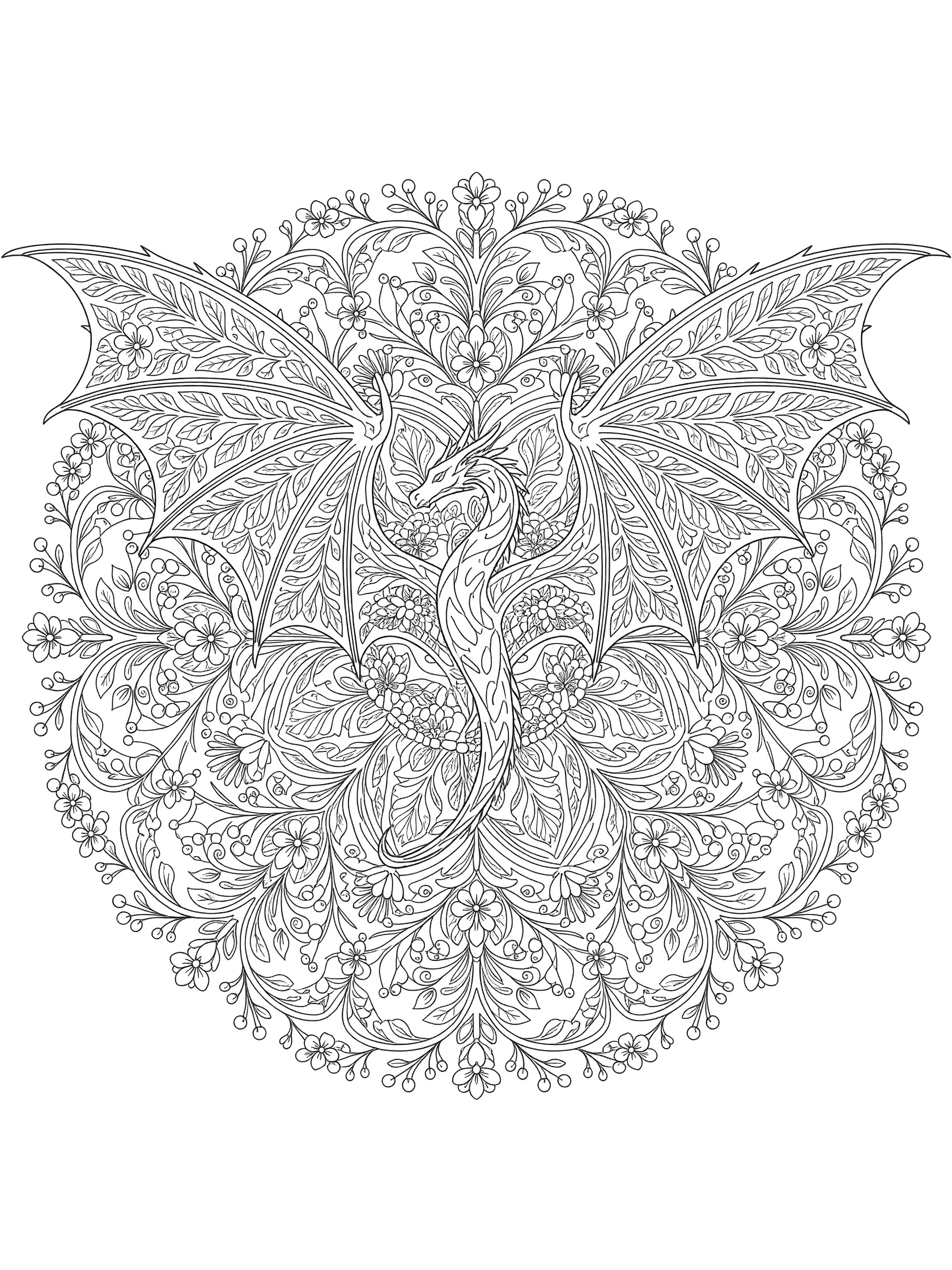 Black and white line art of a symmetrical dragon mandala with detailed wings formed by leaves, vines, flowers, and berries, clean coloring book style. Dragon Wings themed black and white printable line art