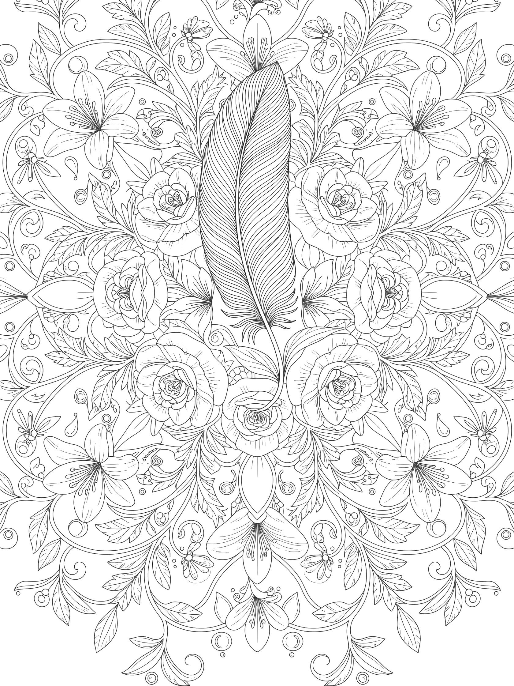 Black and white line art of a feather mandala with blooming roses, lilies, twisting vines, leaves, and swirling petals in perfect symmetry.
