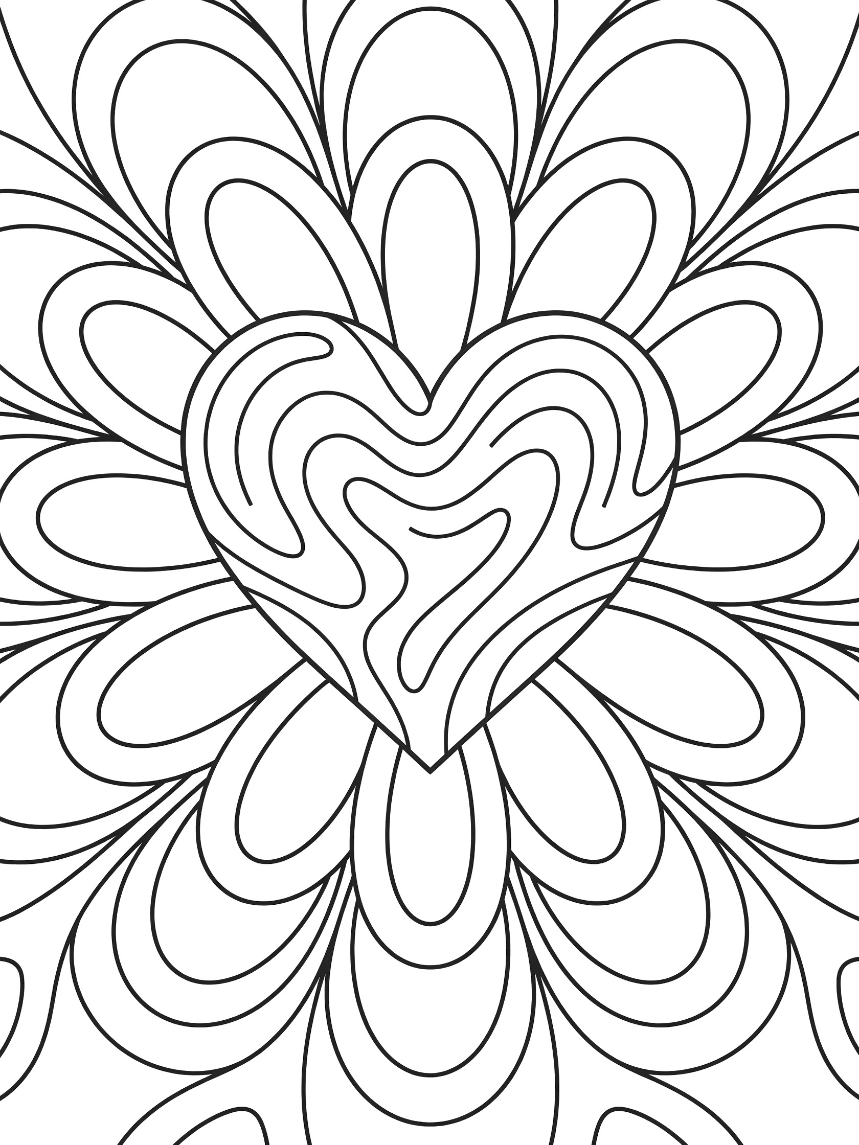 Black and white line art of a heart-shaped mandala filled with thick wavy lines, surrounded by symmetrical petal loops and repeating oval motifs on white background.