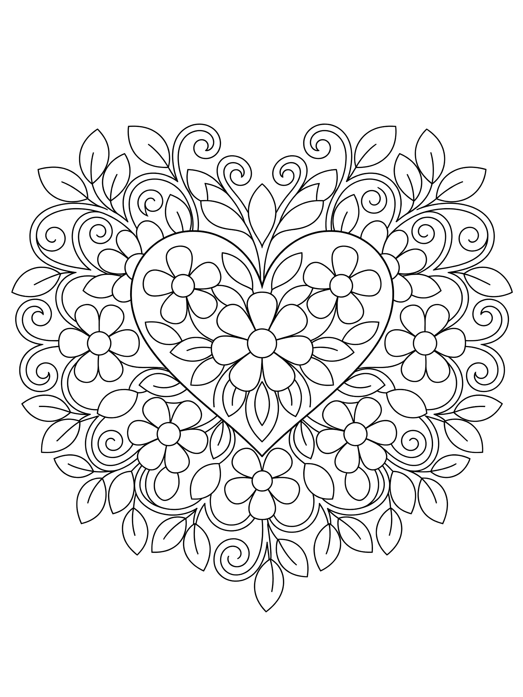 Black and white line art of a floral heart mandala coloring page with blooming flowers, vines, and rounded leaves in a symmetrical pattern on white background.
