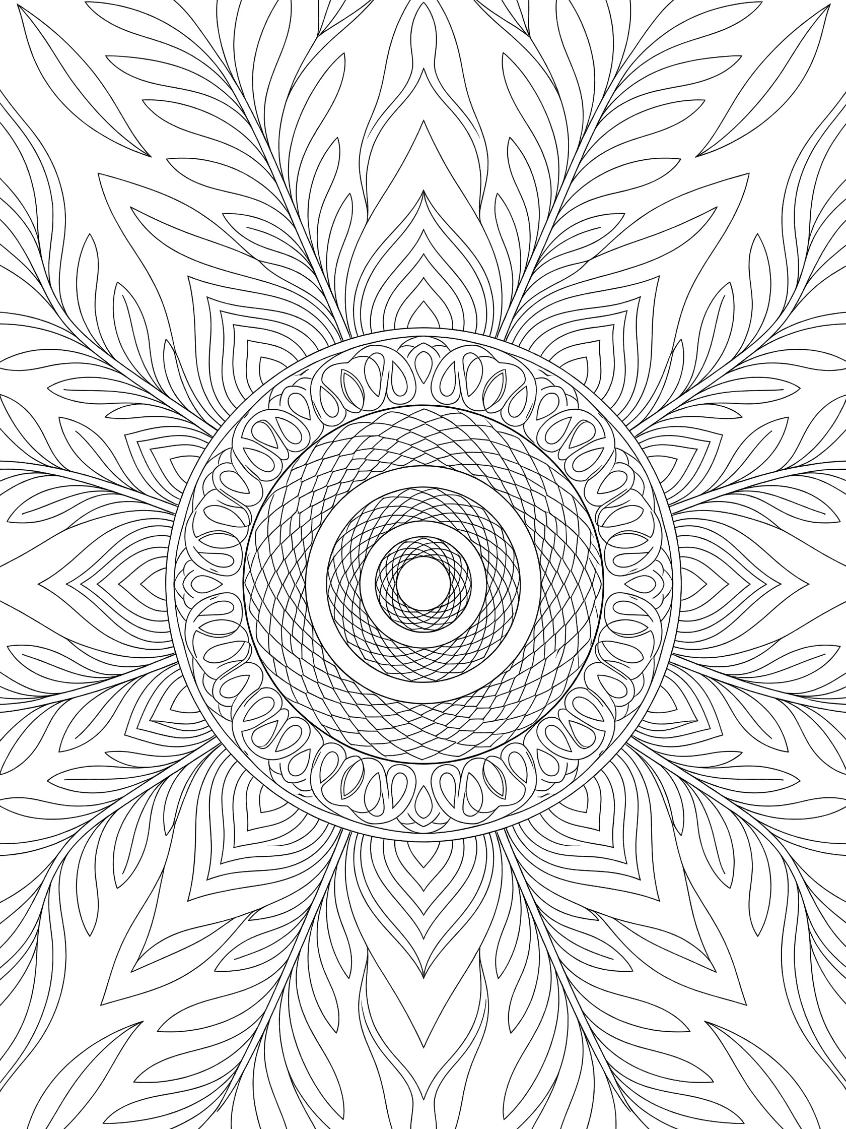 Black and white line art of a symmetrical floral mandala with layered leaves, petals, and concentric circles for coloring. Snake themed black and white printable line art