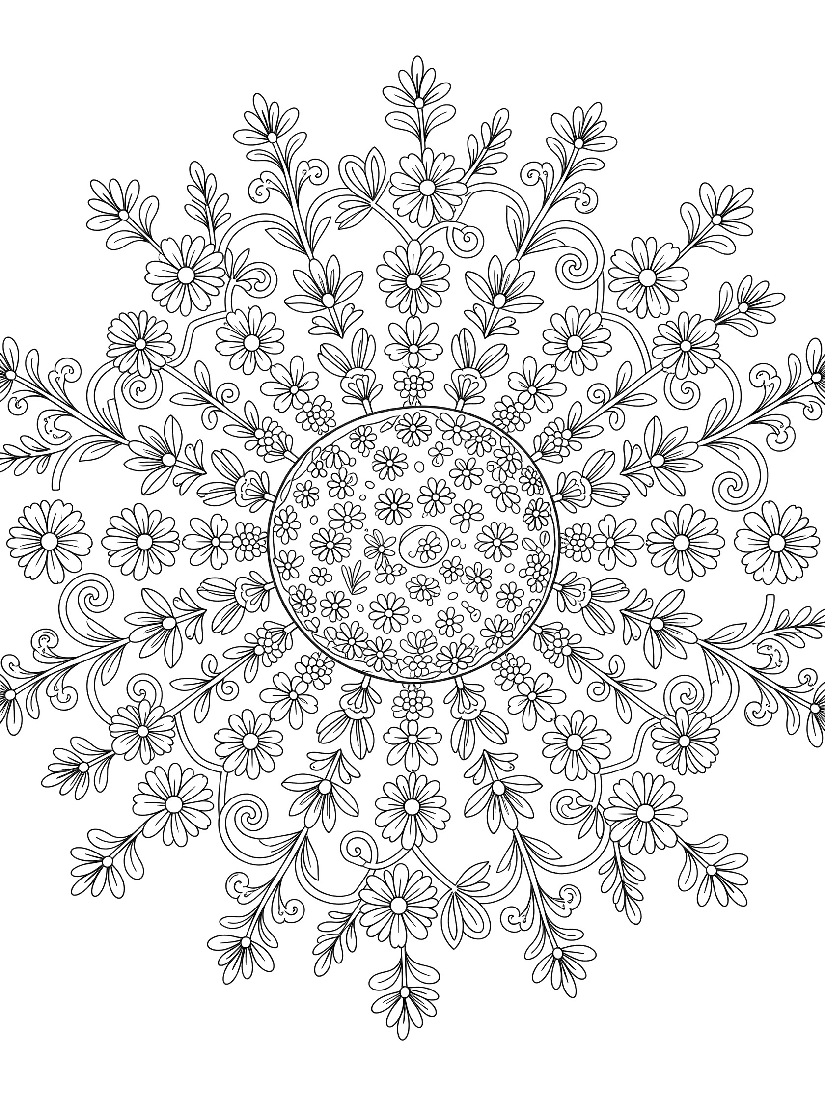 Black and white printable coloring page of a round pebble mandala with blooming daisies, curling vines, and leafy patterns radiating outward.