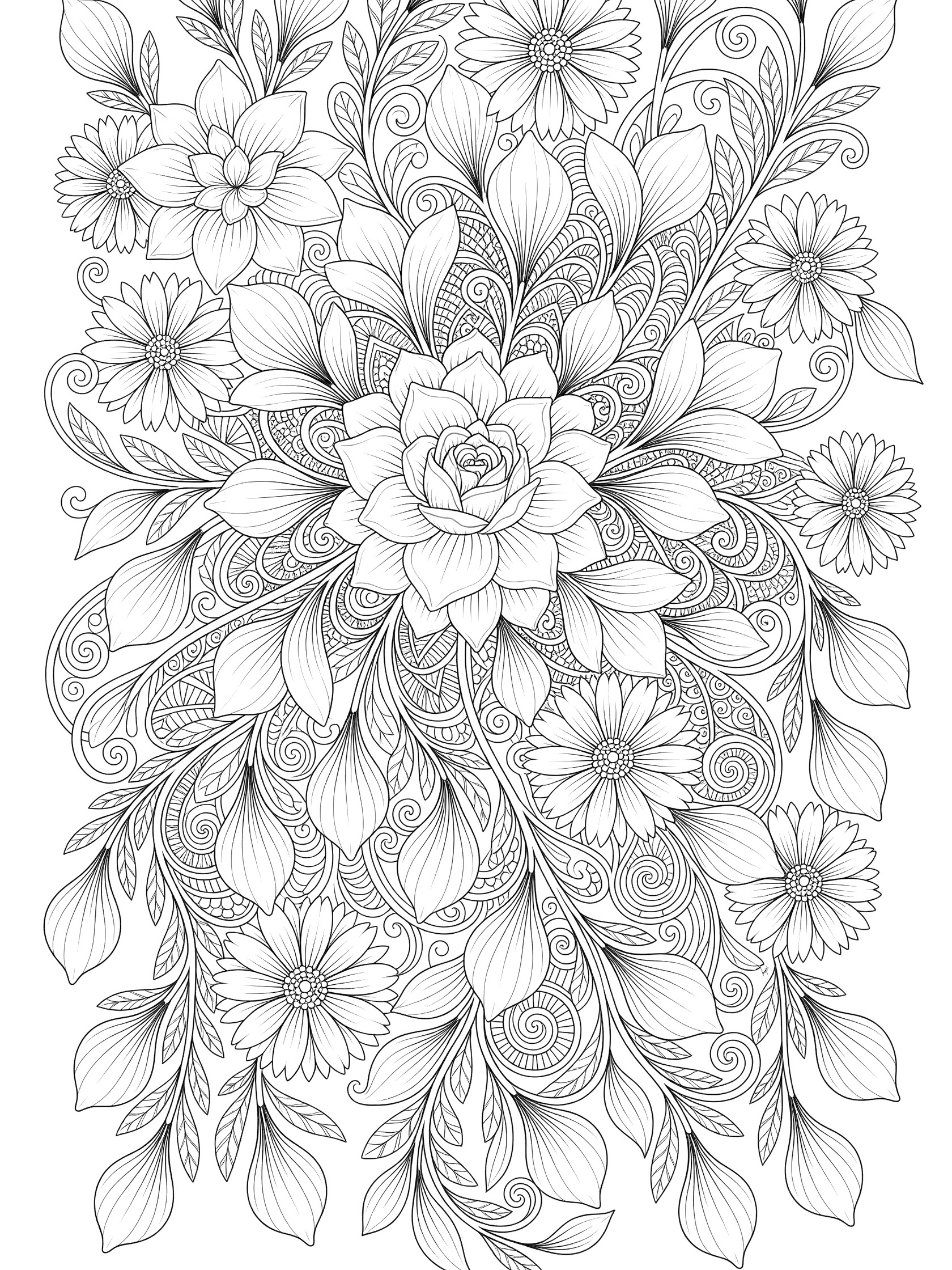 Intricate zentangle mandala coloring page featuring a central blooming flower with daisy, rose, and lily petals falling like rain, surrounded by swirling vines and leafy patterns.