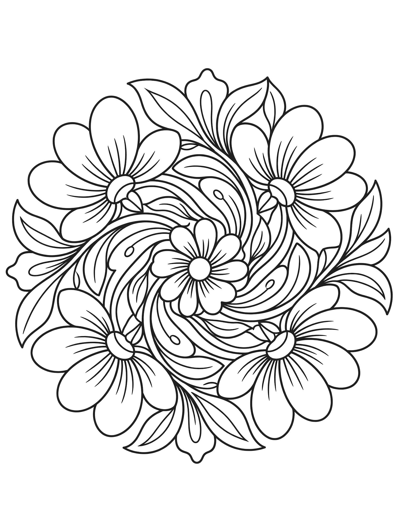 Black and white line art of a round floral spiral mandala with layered flowers and curly leaves in a symmetric pattern.
